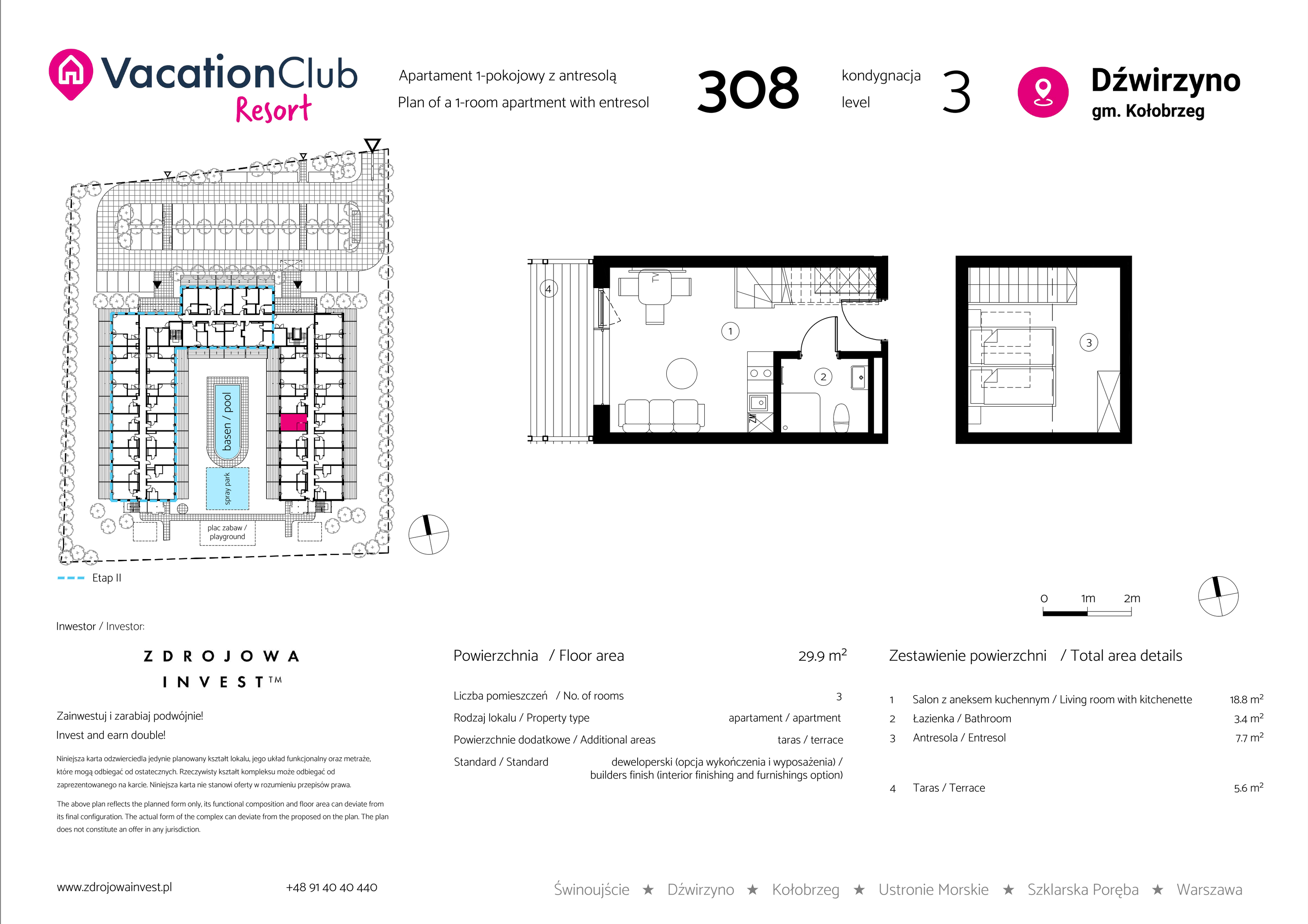 Apartament 29,90 m², piętro 2, oferta nr 308, Vacation Club Resort - apartamenty wakacyjne, Dźwirzyno, ul. Wczasowa 8-idx