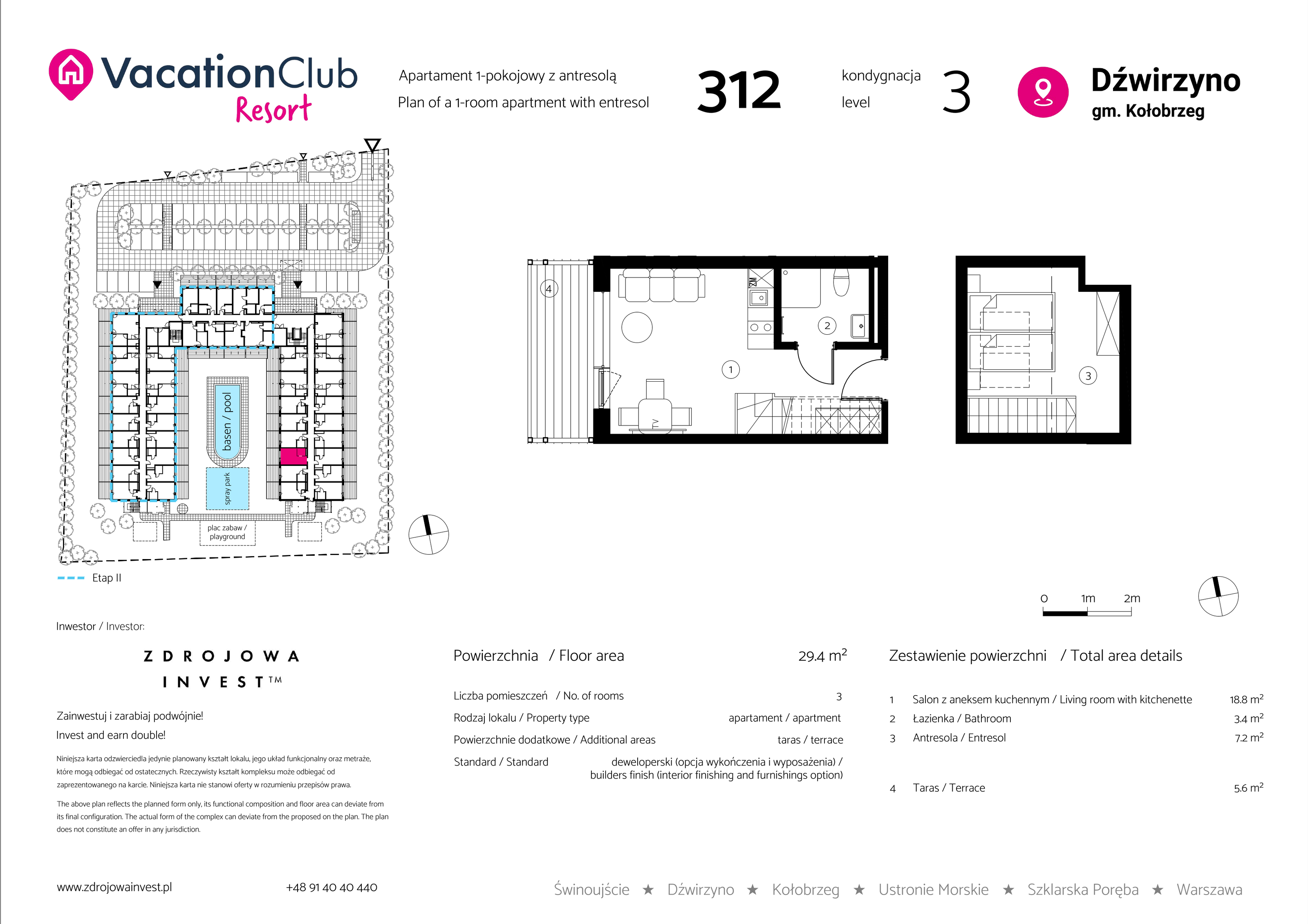 Apartament 29,40 m², piętro 2, oferta nr 312, Vacation Club Resort - apartamenty wakacyjne, Dźwirzyno, ul. Wczasowa 8-idx