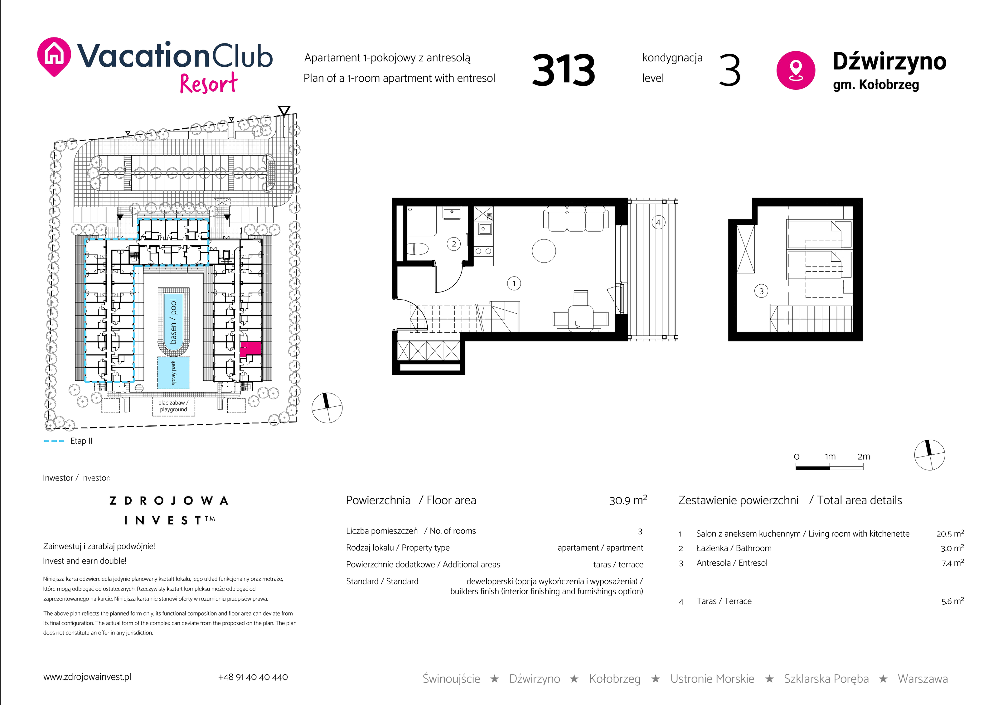 Apartament 30,90 m², piętro 2, oferta nr 313, Vacation Club Resort - apartamenty wakacyjne, Dźwirzyno, ul. Wczasowa 8-idx