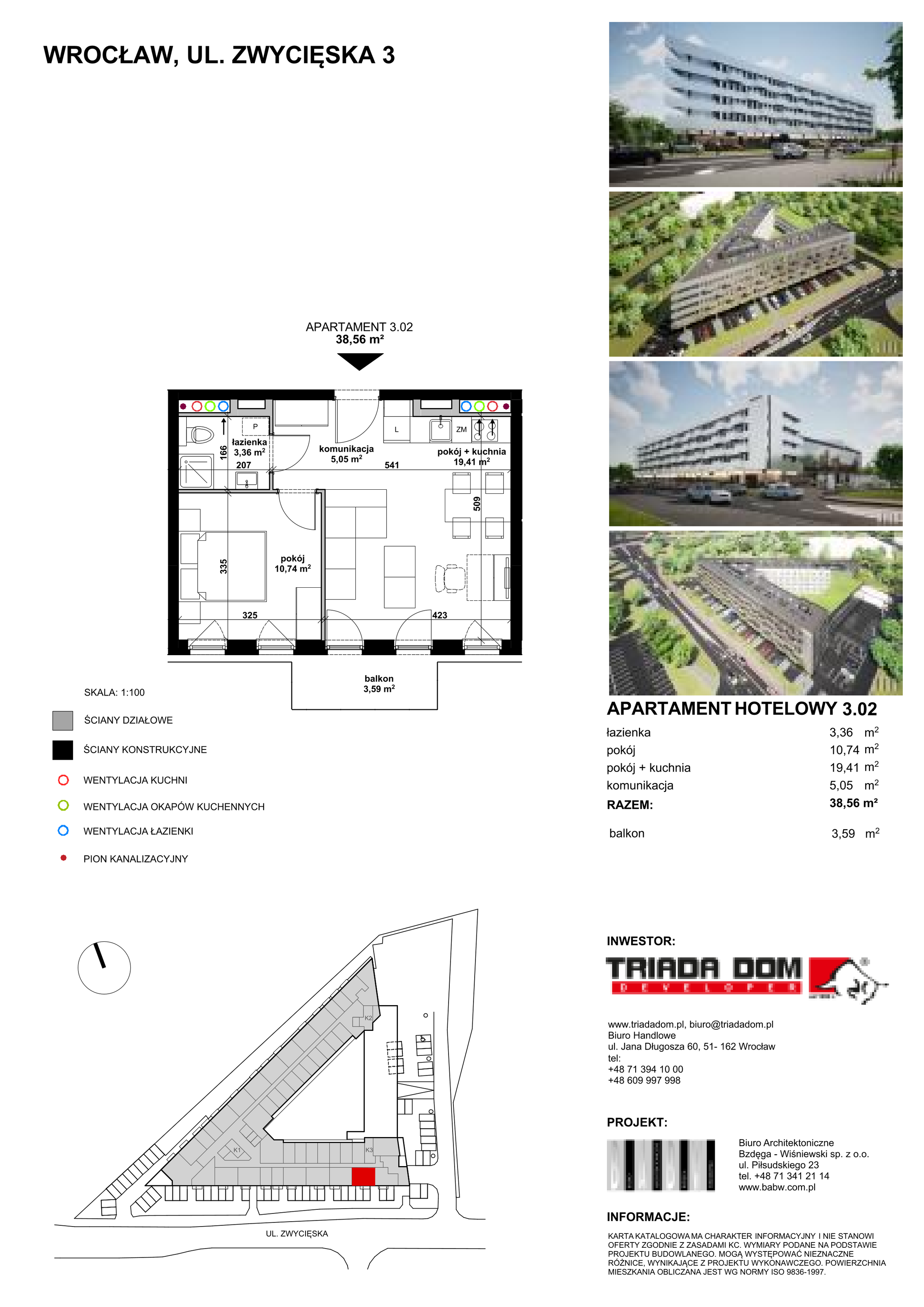 Apartament inwestycyjny 38,55 m², piętro 3, oferta nr 3/02, Apartamentowiec Zwycięska 3, Wrocław, Krzyki-Partynice, Krzyki, ul. Zwycięska 3-idx