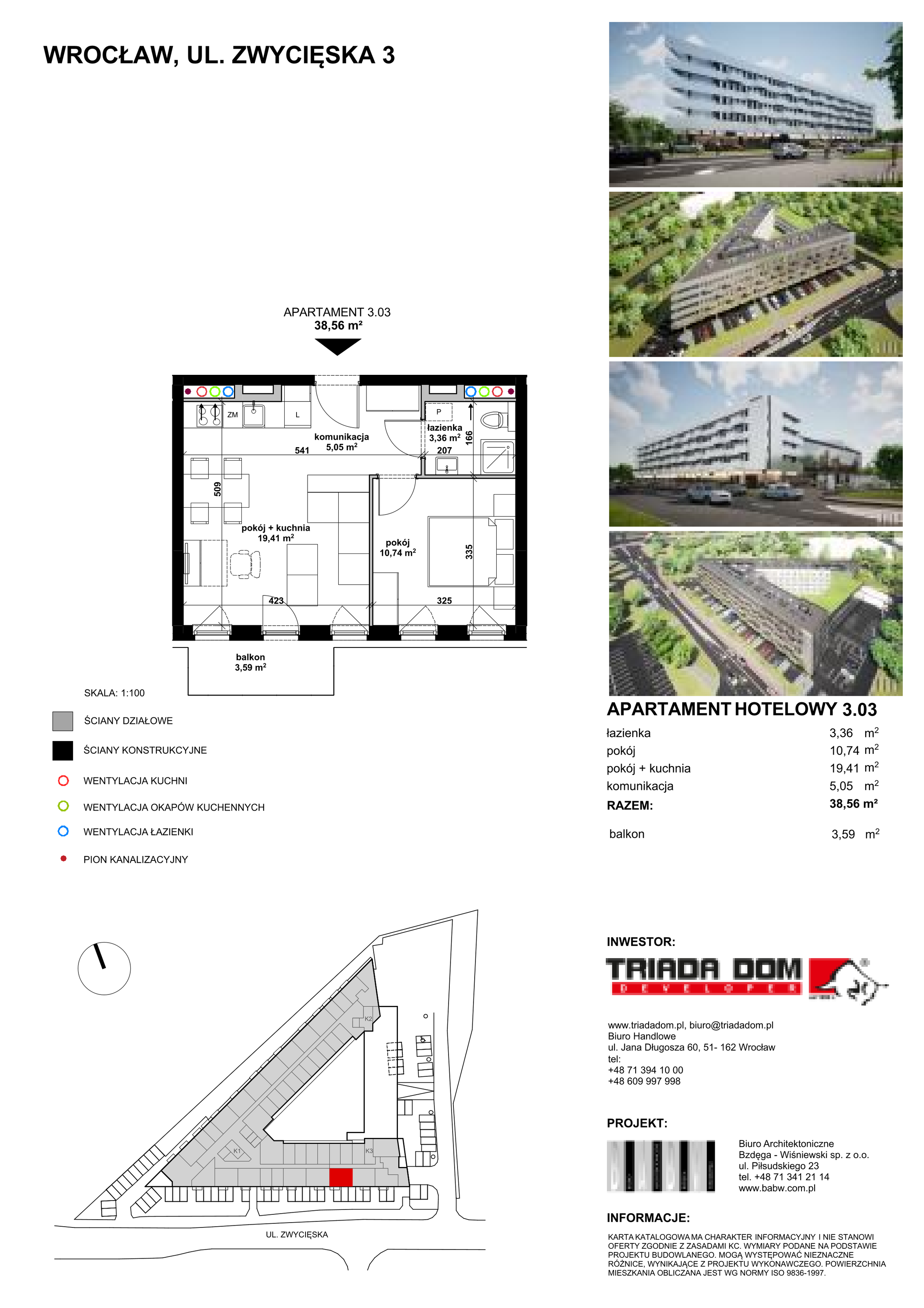 Apartament inwestycyjny 38,47 m², piętro 3, oferta nr 3/03, Apartamentowiec Zwycięska 3, Wrocław, Krzyki-Partynice, Krzyki, ul. Zwycięska 3-idx