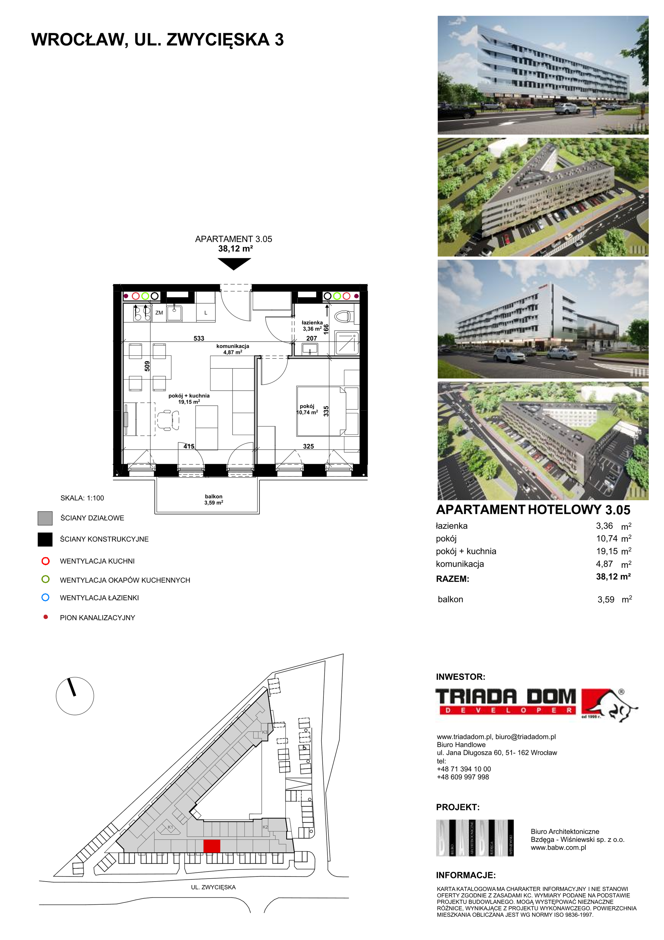 Apartament inwestycyjny 38,07 m², piętro 3, oferta nr 3/05, Apartamentowiec Zwycięska 3, Wrocław, Krzyki-Partynice, Krzyki, ul. Zwycięska 3-idx