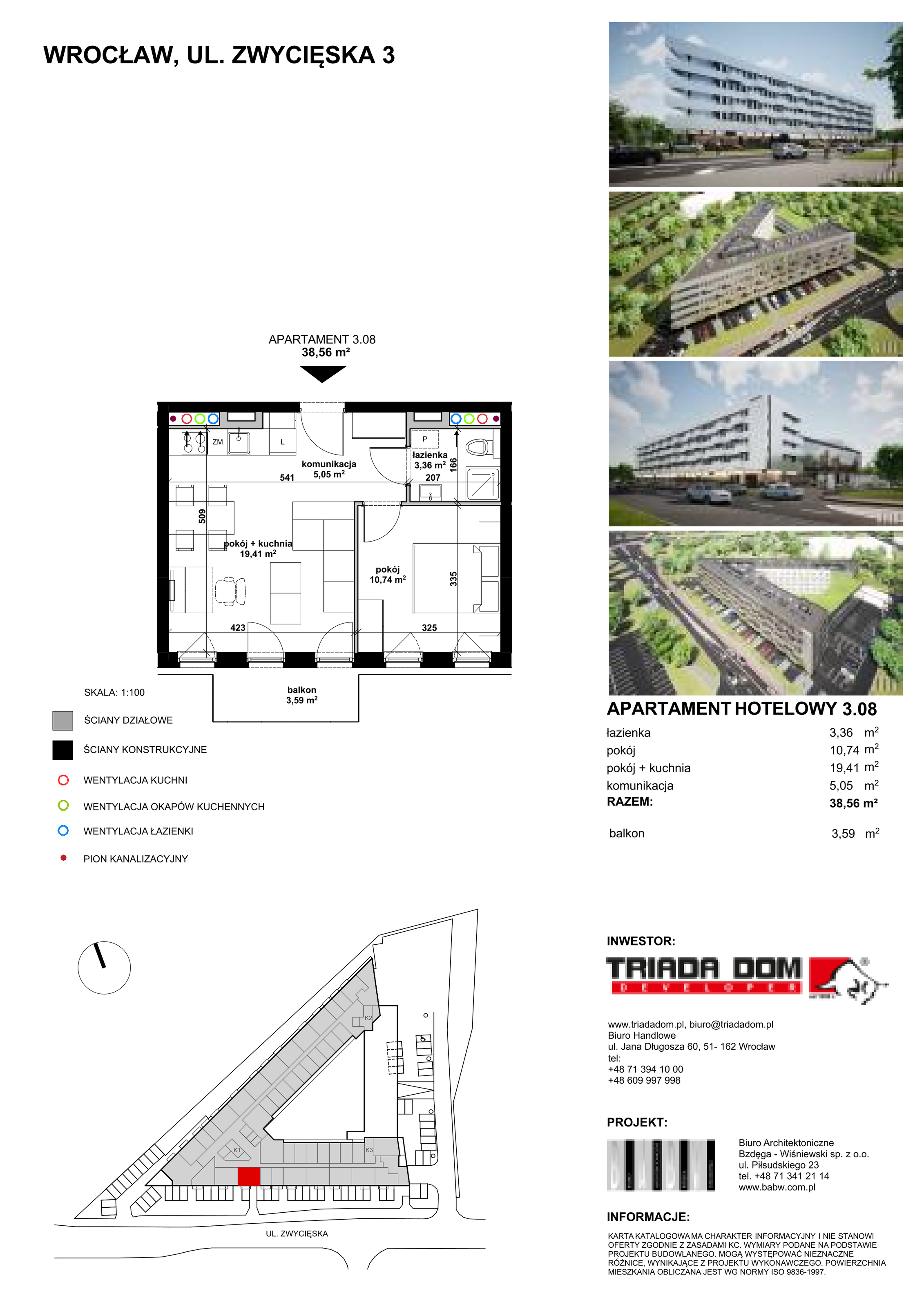 Apartament inwestycyjny 38,55 m², piętro 3, oferta nr 3/08, Apartamentowiec Zwycięska 3, Wrocław, Krzyki-Partynice, Krzyki, ul. Zwycięska 3-idx