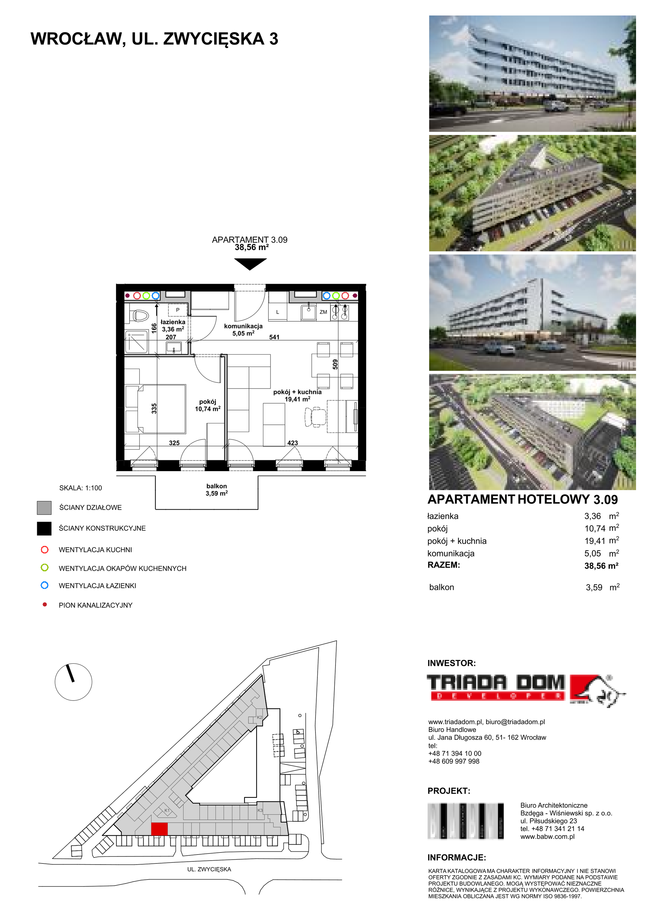 Apartament inwestycyjny 38,43 m², piętro 3, oferta nr 3/09, Apartamentowiec Zwycięska 3, Wrocław, Krzyki-Partynice, Krzyki, ul. Zwycięska 3-idx