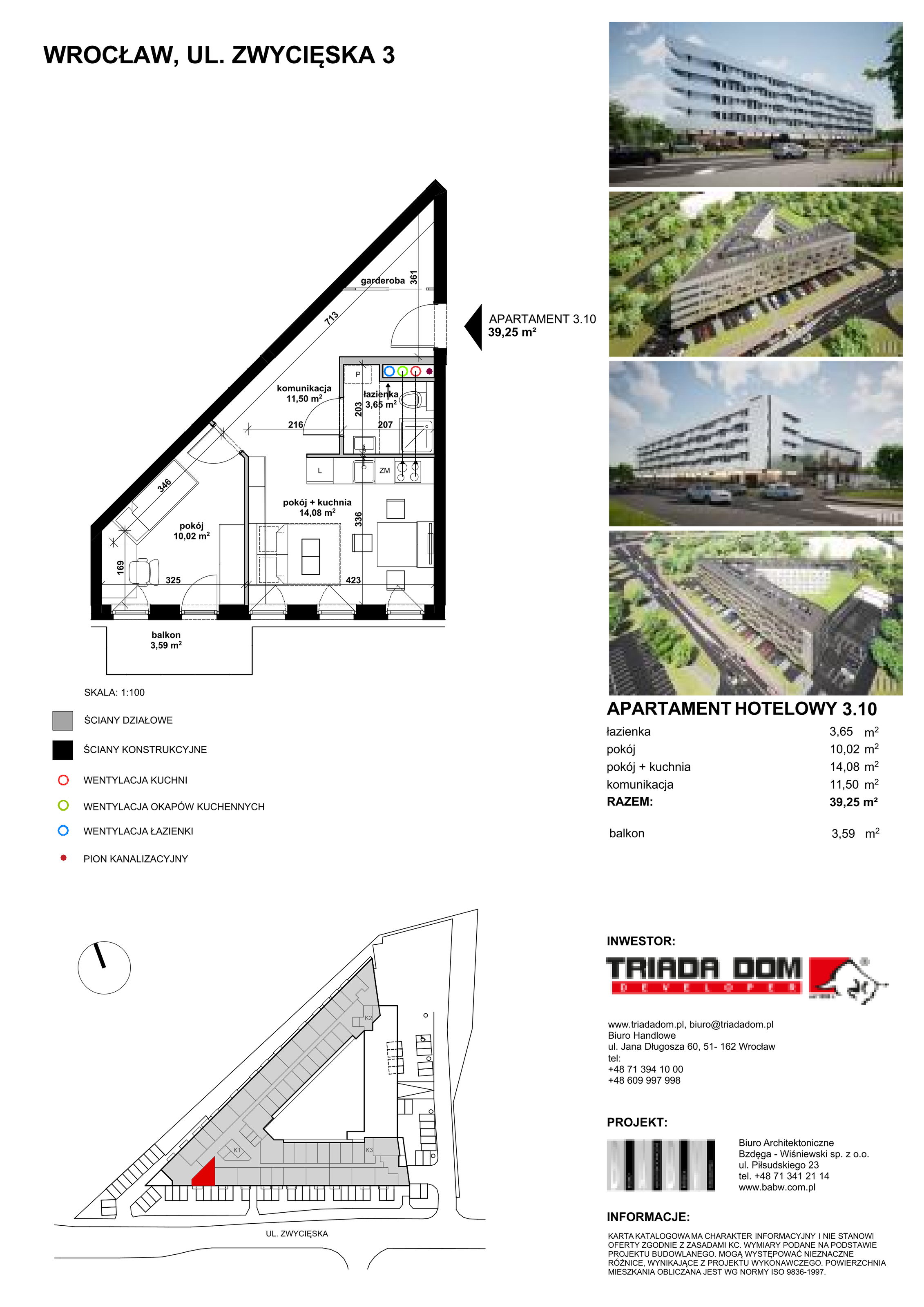 Apartament inwestycyjny 39,44 m², piętro 3, oferta nr 3/10, Apartamentowiec Zwycięska 3, Wrocław, Krzyki-Partynice, Krzyki, ul. Zwycięska 3-idx