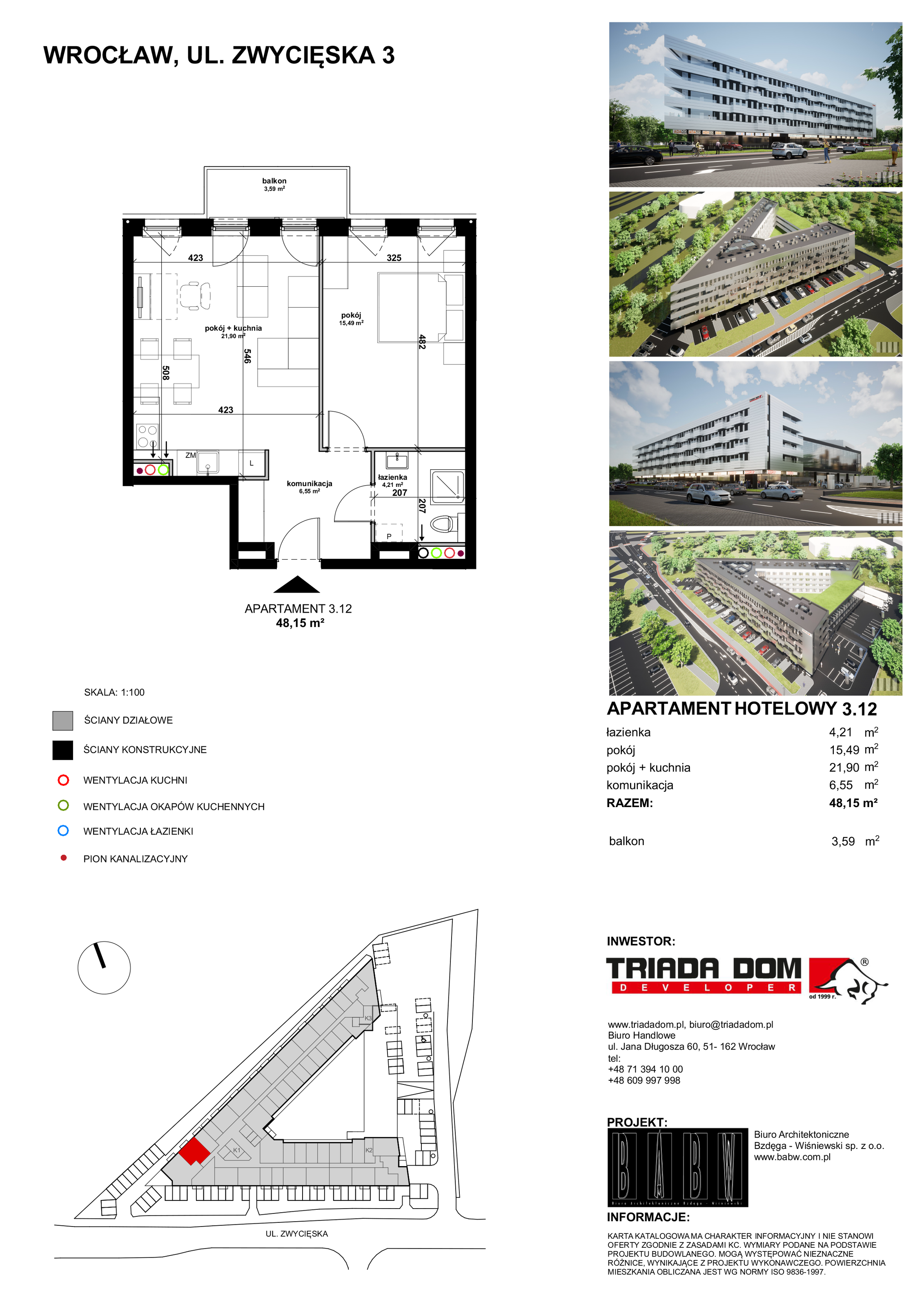 Apartament inwestycyjny 48,03 m², piętro 3, oferta nr 3/12, Apartamentowiec Zwycięska 3, Wrocław, Krzyki-Partynice, Krzyki, ul. Zwycięska 3-idx