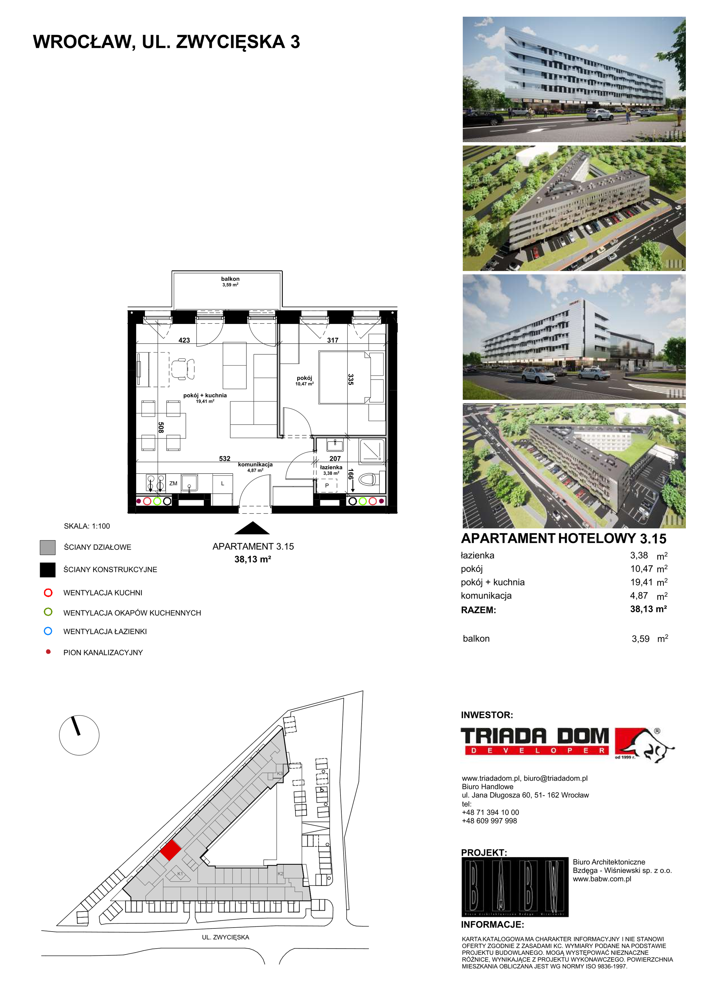 Apartament inwestycyjny 38,00 m², piętro 3, oferta nr 3/15, Apartamentowiec Zwycięska 3, Wrocław, Krzyki-Partynice, Krzyki, ul. Zwycięska 3-idx