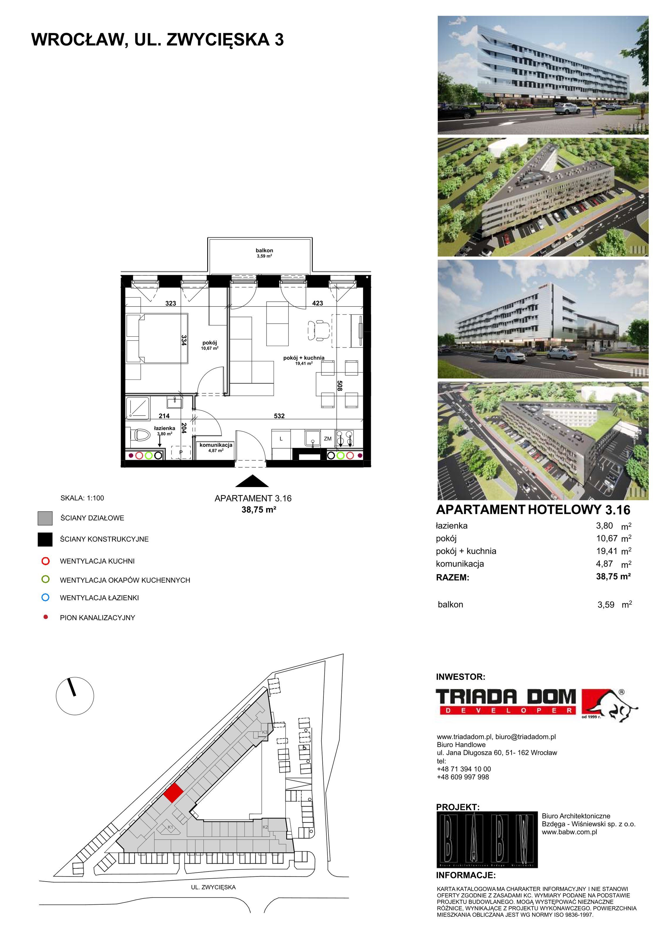 Apartament inwestycyjny 38,74 m², piętro 3, oferta nr 3/16, Apartamentowiec Zwycięska 3, Wrocław, Krzyki-Partynice, Krzyki, ul. Zwycięska 3-idx