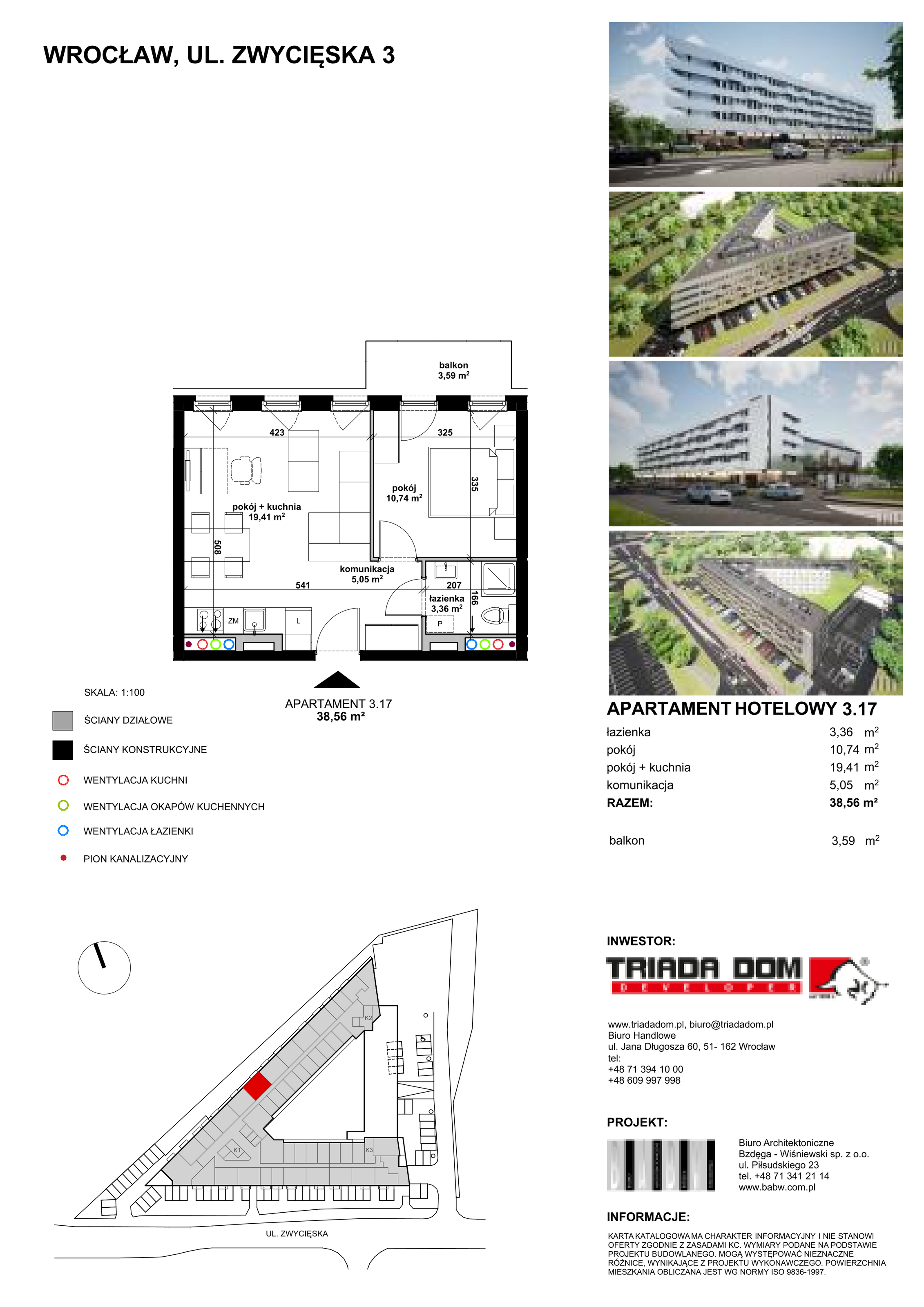 Apartament inwestycyjny 38,51 m², piętro 3, oferta nr 3/17, Apartamentowiec Zwycięska 3, Wrocław, Krzyki-Partynice, Krzyki, ul. Zwycięska 3-idx