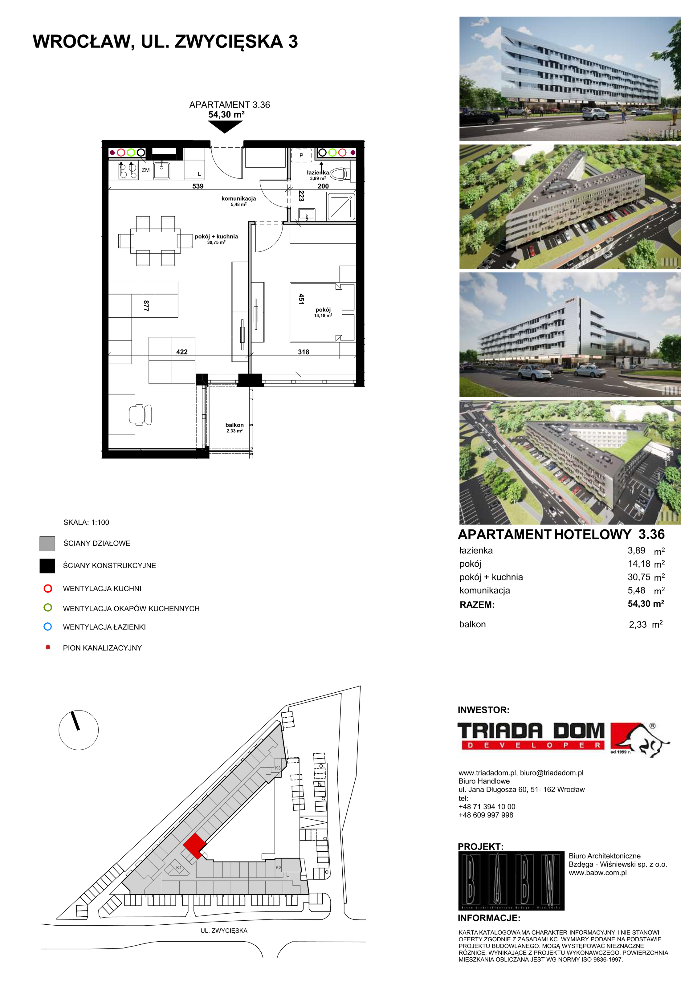 Apartament inwestycyjny 54,12 m², piętro 3, oferta nr 3/36, Apartamentowiec Zwycięska 3, Wrocław, Krzyki-Partynice, Krzyki, ul. Zwycięska 3-idx