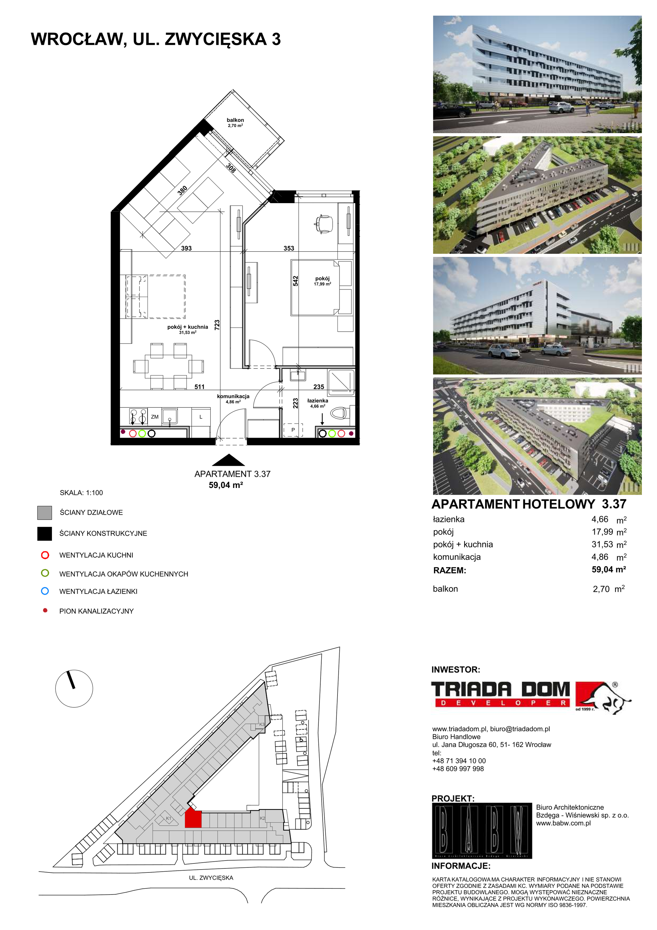 Apartament inwestycyjny 59,07 m², piętro 3, oferta nr 3/37, Apartamentowiec Zwycięska 3, Wrocław, Krzyki-Partynice, Krzyki, ul. Zwycięska 3-idx