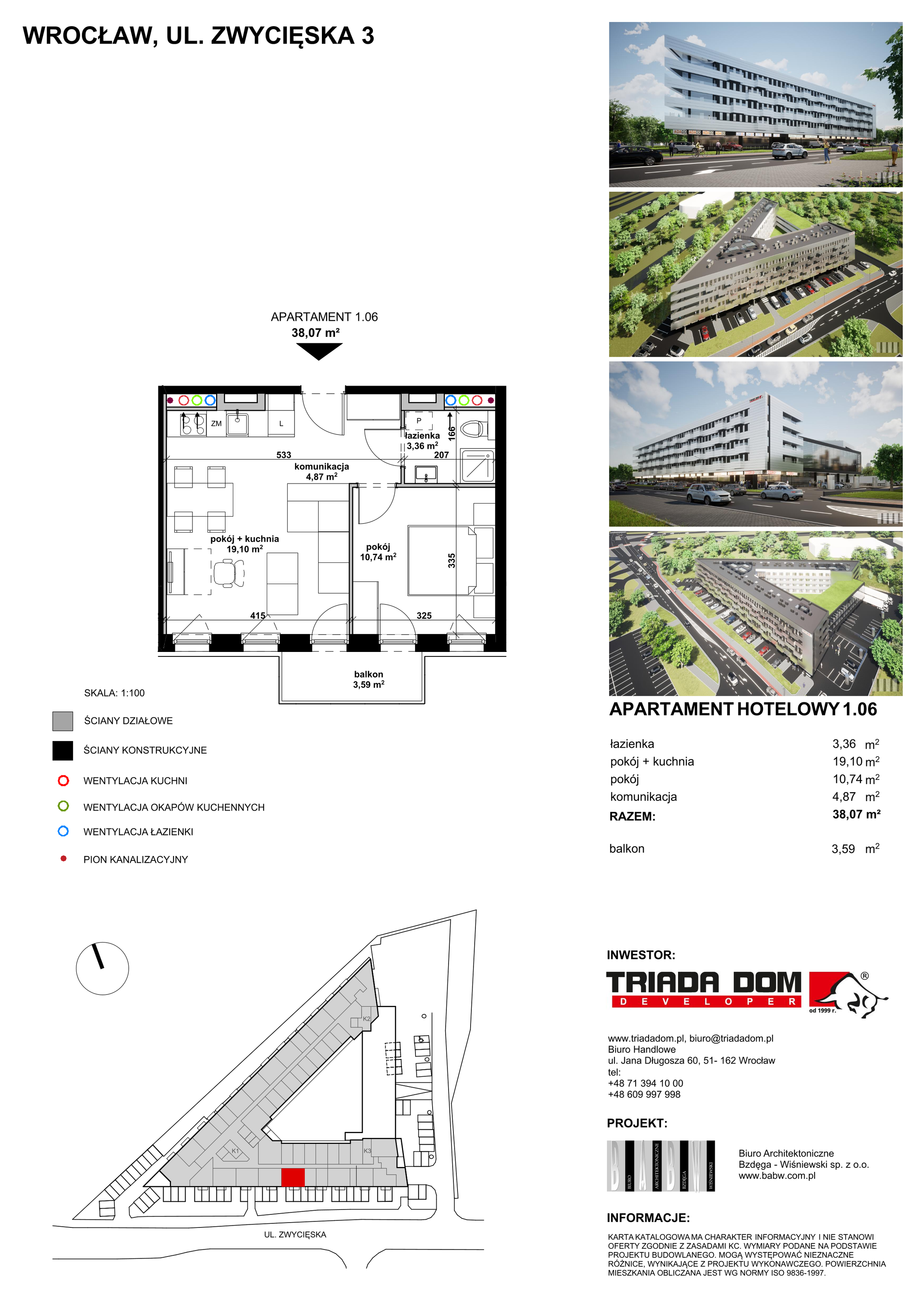 Apartament inwestycyjny 38,01 m², piętro 1, oferta nr 1/06, Apartamentowiec Zwycięska 3, Wrocław, Krzyki-Partynice, Krzyki, ul. Zwycięska 3-idx