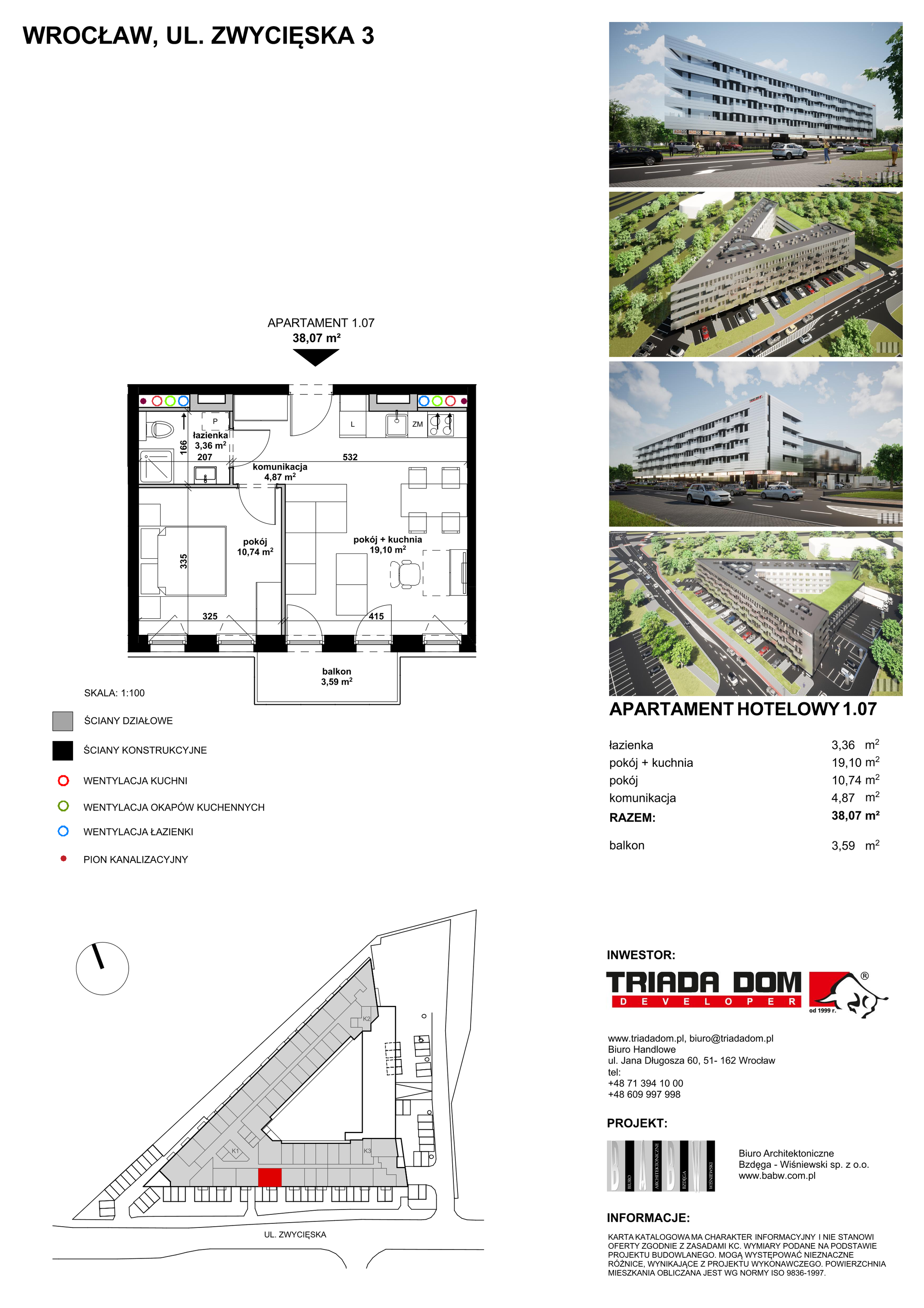 Apartament inwestycyjny 38,01 m², piętro 1, oferta nr 1/07, Apartamentowiec Zwycięska 3, Wrocław, Krzyki-Partynice, Krzyki, ul. Zwycięska 3-idx