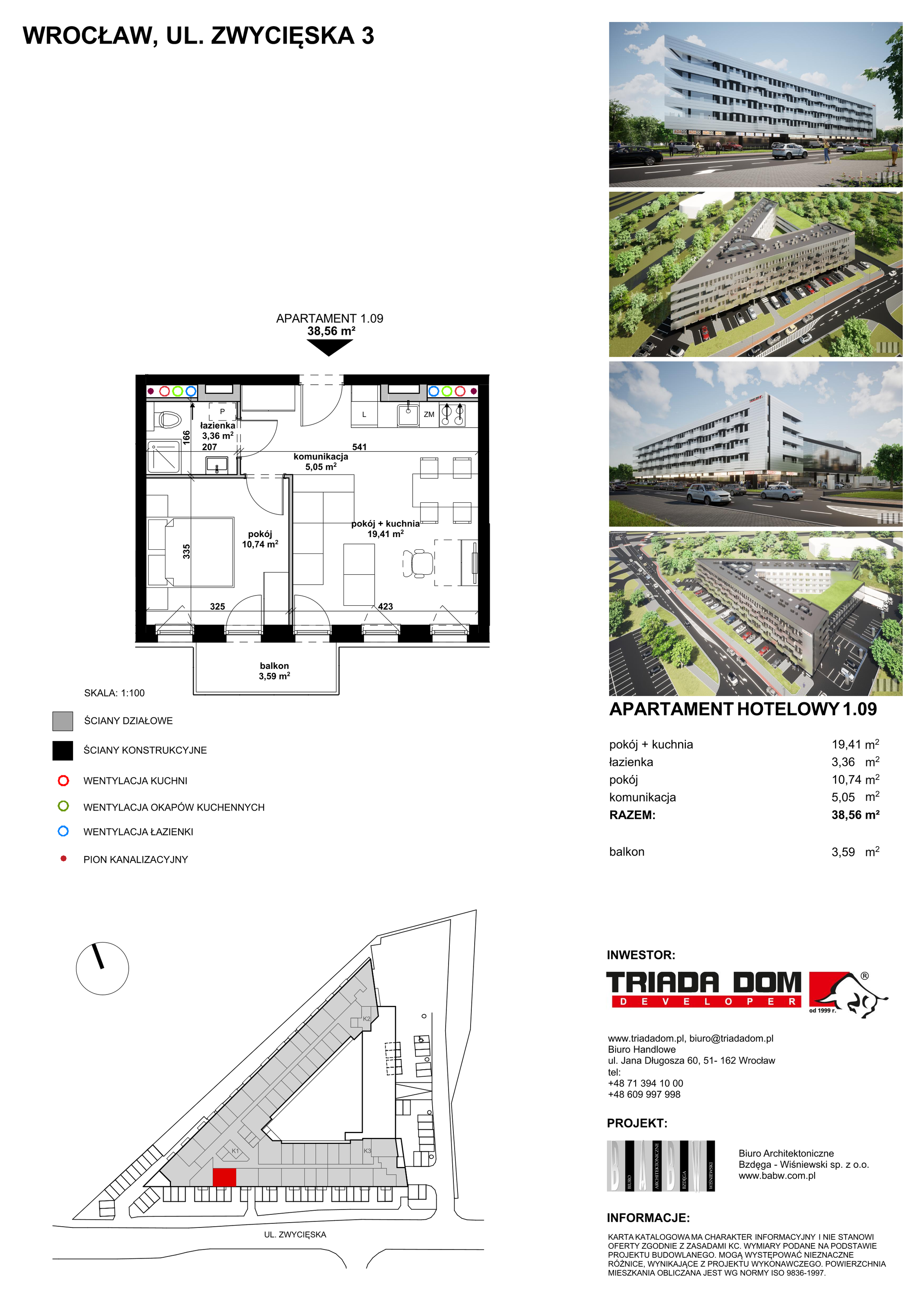 Apartament inwestycyjny 38,49 m², piętro 1, oferta nr 1/09, Apartamentowiec Zwycięska 3, Wrocław, Krzyki-Partynice, Krzyki, ul. Zwycięska 3-idx