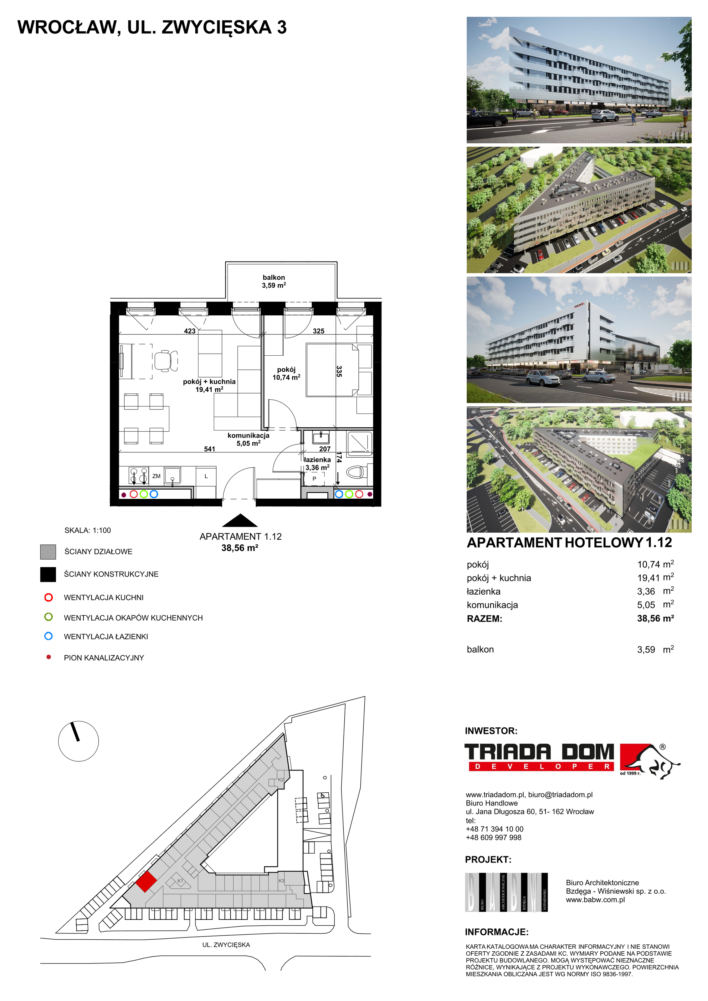 Apartament inwestycyjny 48,22 m², piętro 1, oferta nr 1/12, Apartamentowiec Zwycięska 3, Wrocław, Krzyki-Partynice, Krzyki, ul. Zwycięska 3-idx