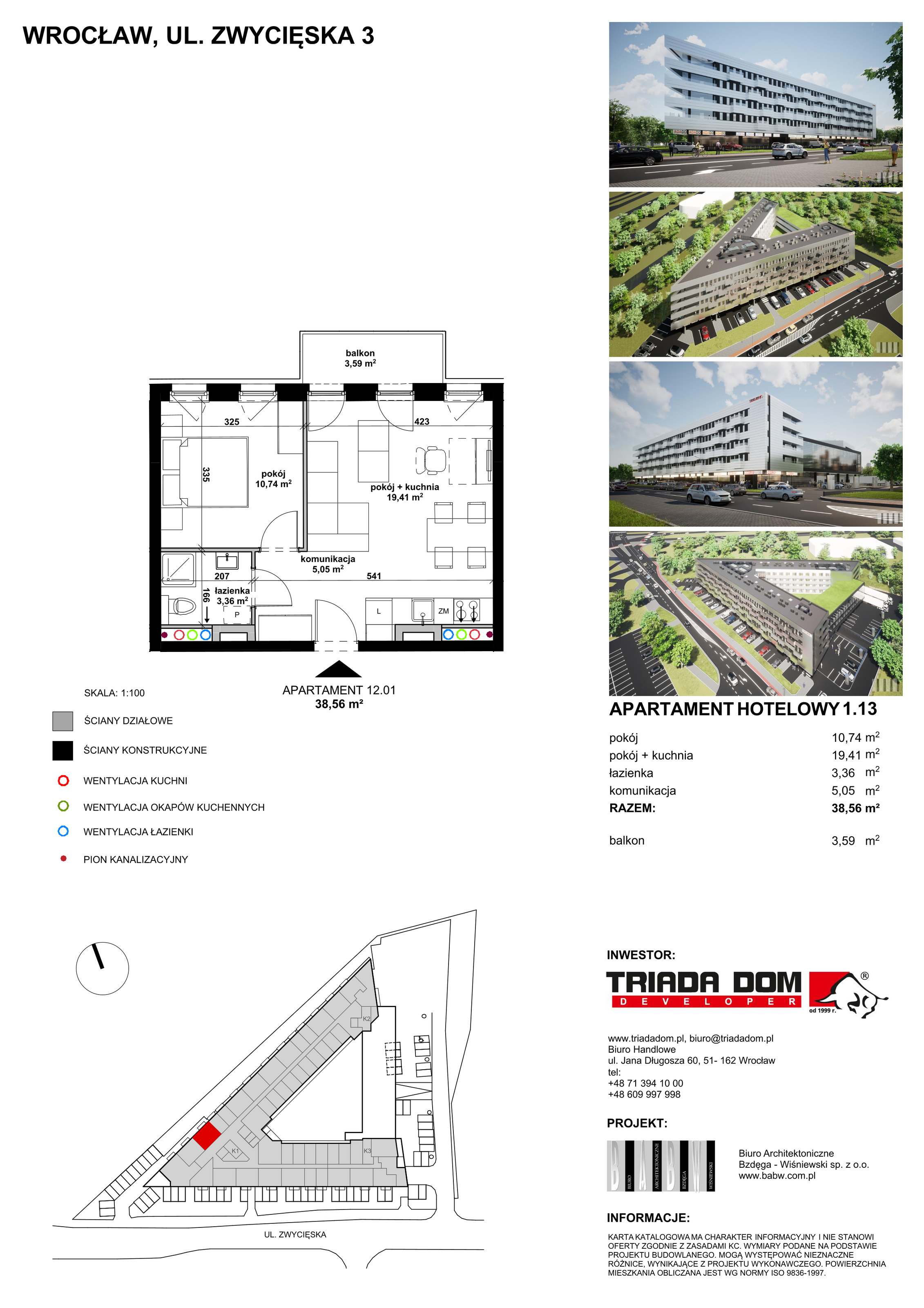 Apartament inwestycyjny 47,07 m², piętro 1, oferta nr 1/13, Apartamentowiec Zwycięska 3, Wrocław, Krzyki-Partynice, Krzyki, ul. Zwycięska 3-idx