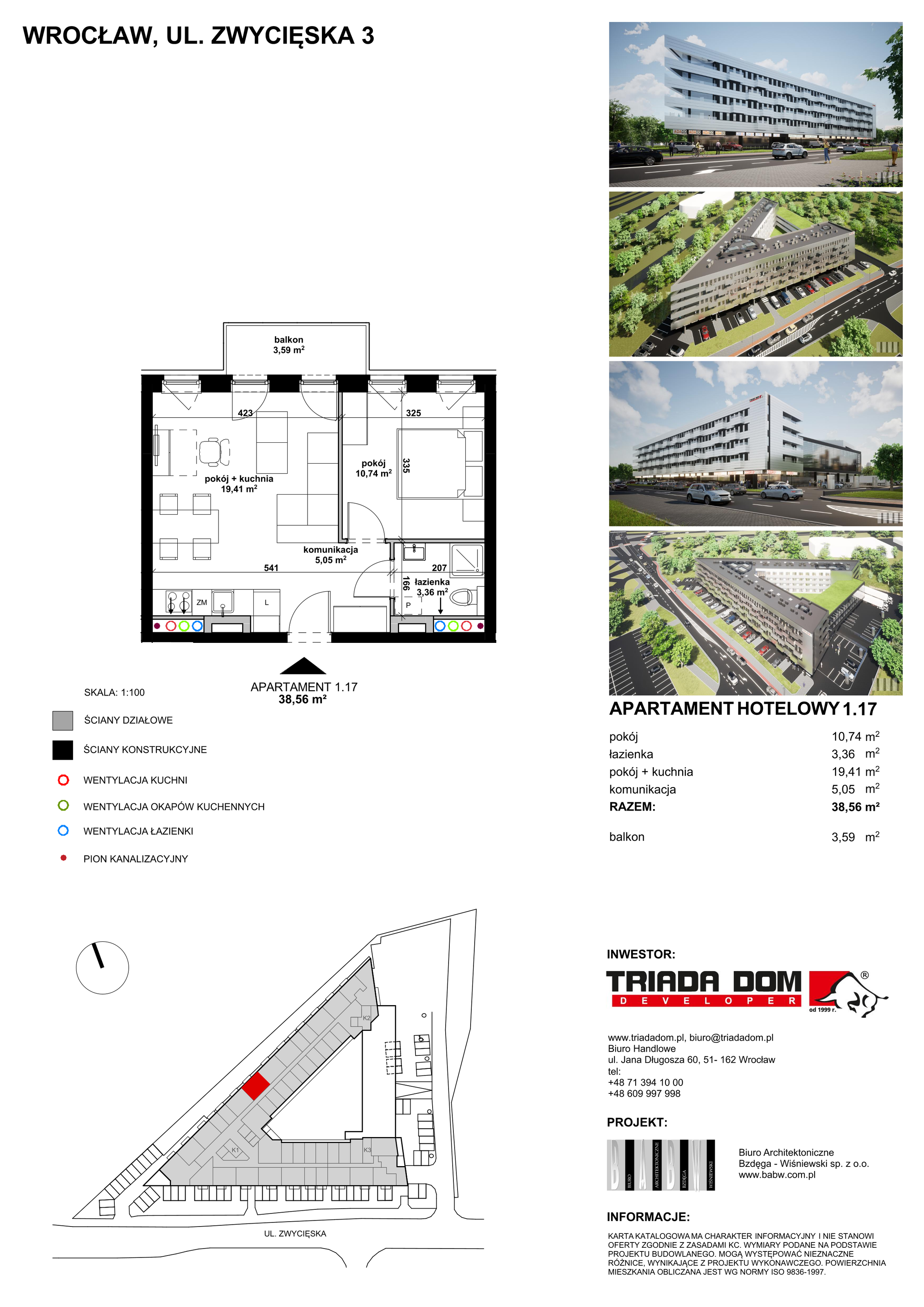 Apartament inwestycyjny 38,66 m², piętro 1, oferta nr 1/17, Apartamentowiec Zwycięska 3, Wrocław, Krzyki-Partynice, Krzyki, ul. Zwycięska 3-idx