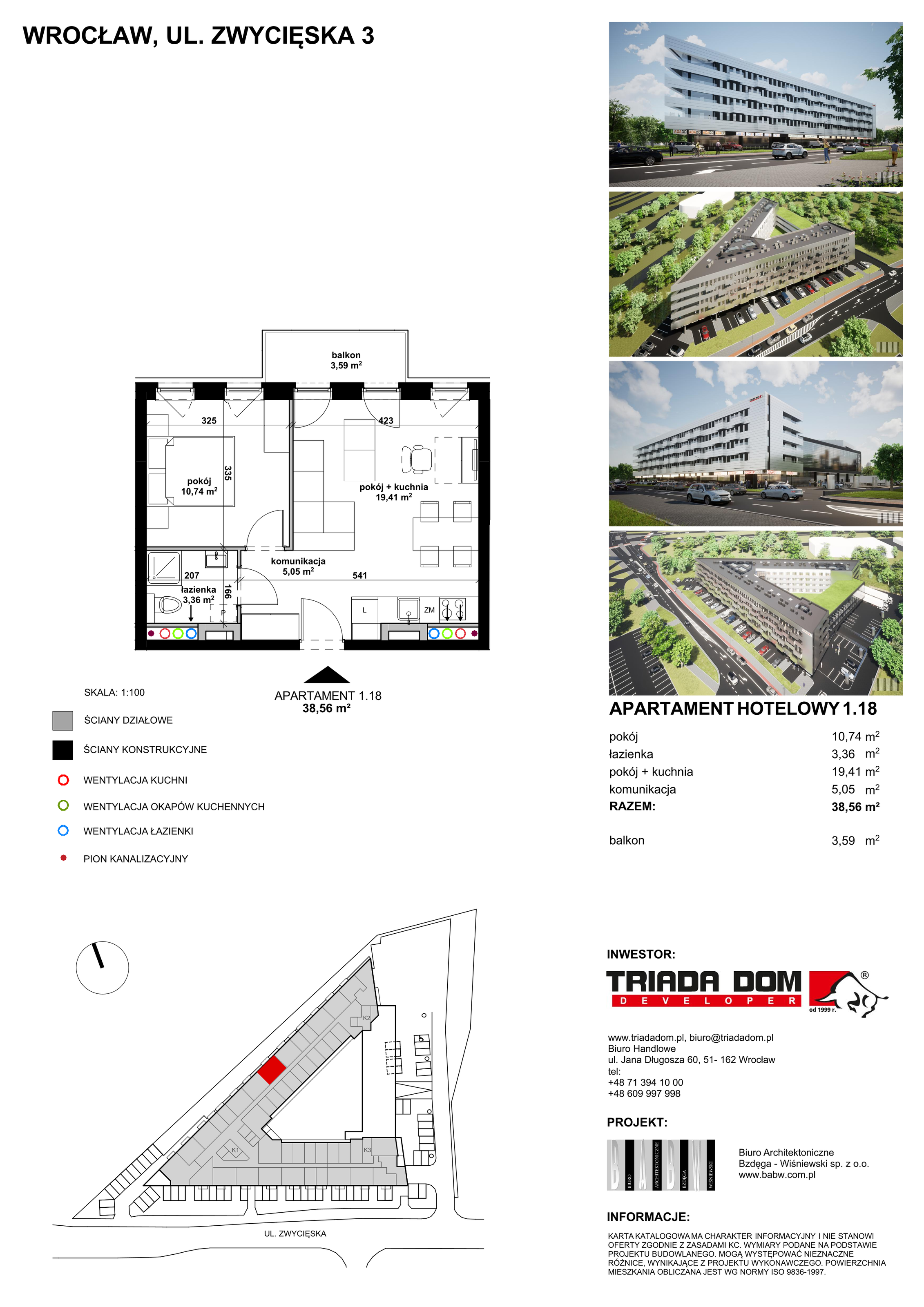 Apartament inwestycyjny 38,50 m², piętro 1, oferta nr 1/18, Apartamentowiec Zwycięska 3, Wrocław, Krzyki-Partynice, Krzyki, ul. Zwycięska 3-idx