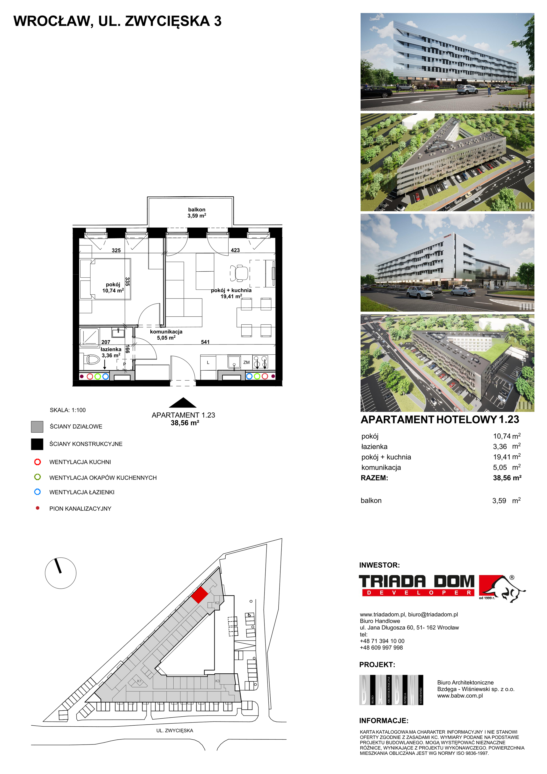 Apartament inwestycyjny 38,55 m², piętro 1, oferta nr 1/23, Apartamentowiec Zwycięska 3, Wrocław, Krzyki-Partynice, Krzyki, ul. Zwycięska 3-idx