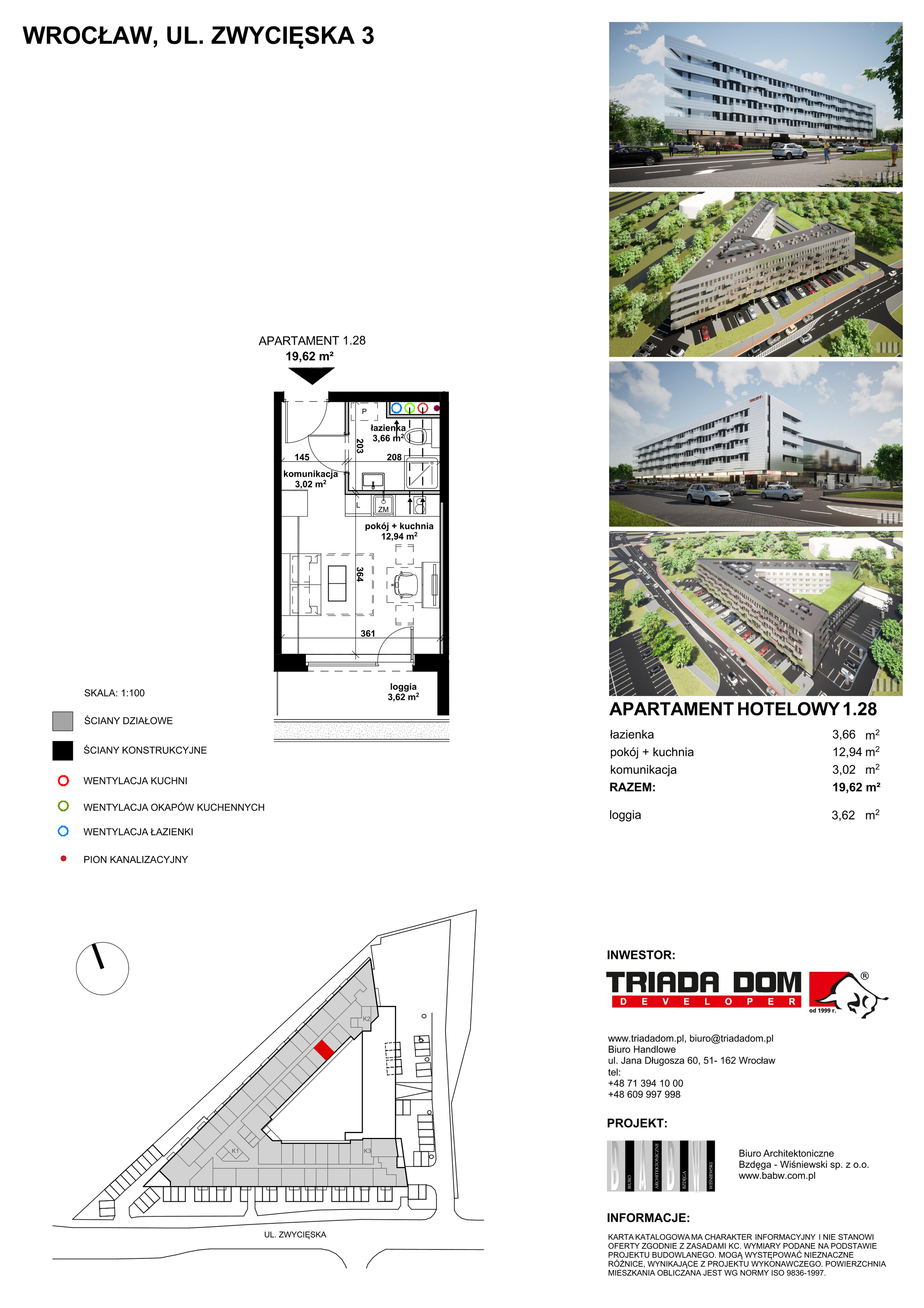 Apartament inwestycyjny 19,63 m², piętro 1, oferta nr 1/28, Apartamentowiec Zwycięska 3, Wrocław, Krzyki-Partynice, Krzyki, ul. Zwycięska 3-idx