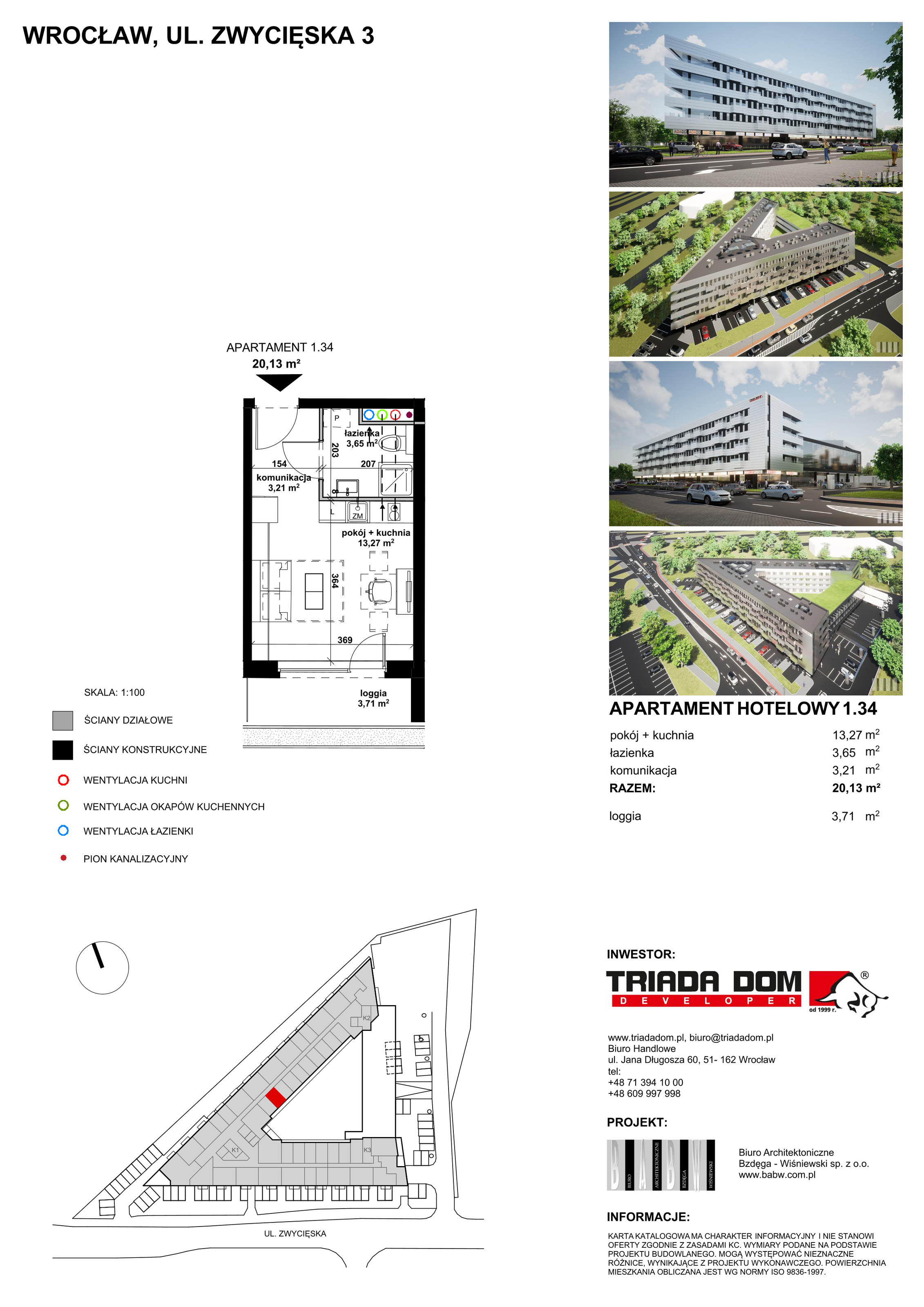 Apartament inwestycyjny 20,23 m², piętro 1, oferta nr 1/34, Apartamentowiec Zwycięska 3, Wrocław, Krzyki-Partynice, Krzyki, ul. Zwycięska 3-idx