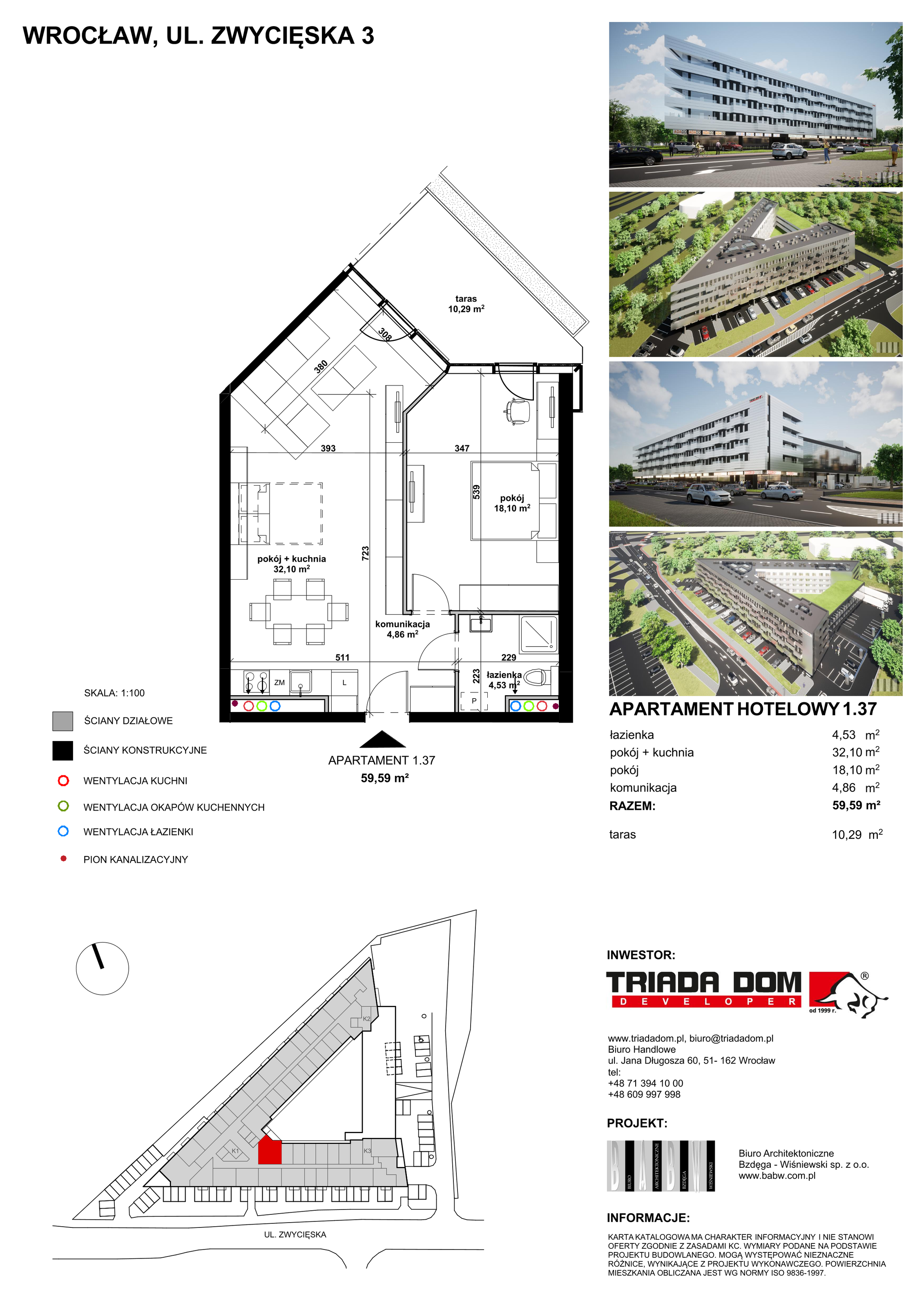 Apartament inwestycyjny 58,57 m², piętro 1, oferta nr 1/37, Apartamentowiec Zwycięska 3, Wrocław, Krzyki-Partynice, Krzyki, ul. Zwycięska 3-idx