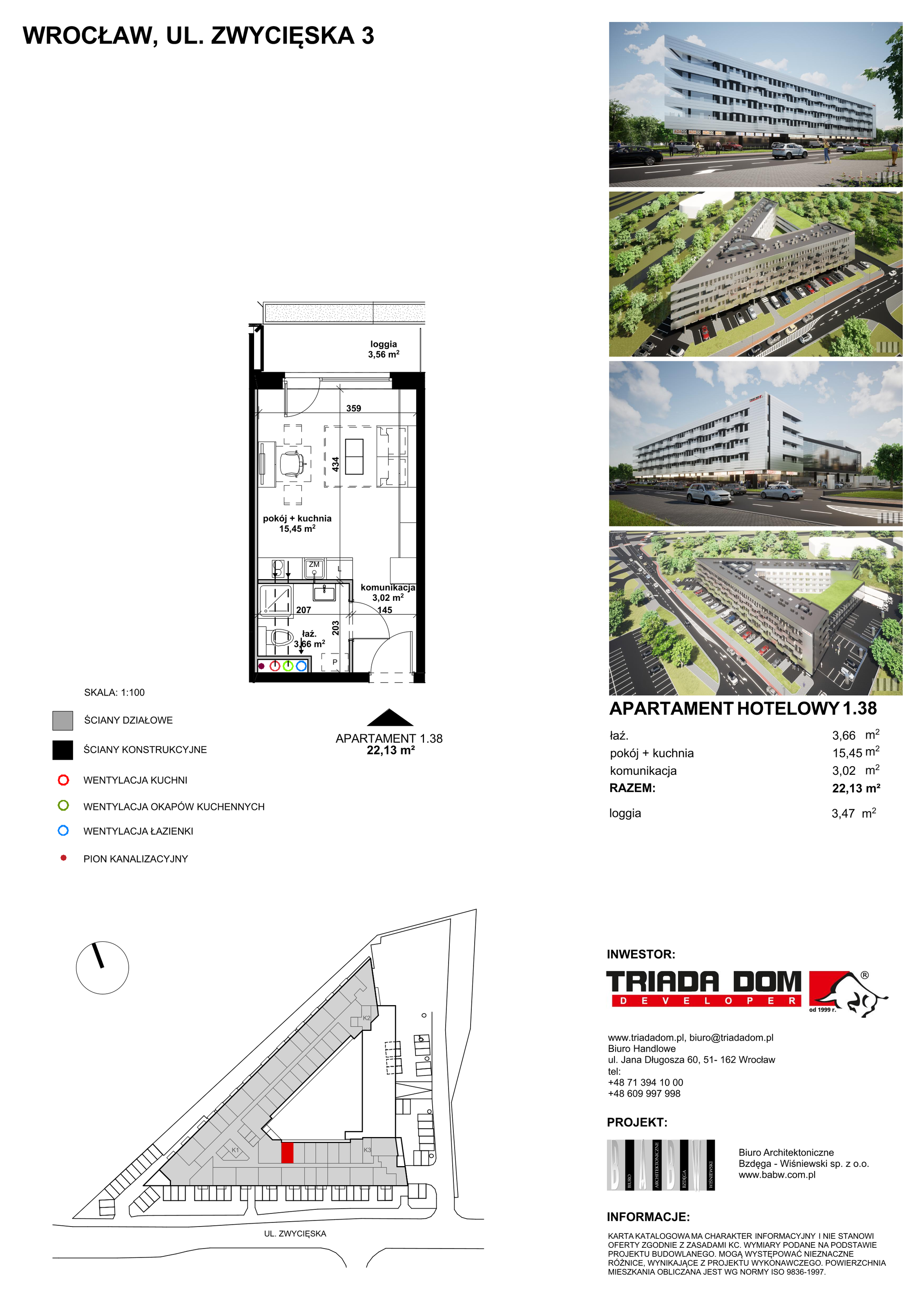 Apartament inwestycyjny 22,29 m², piętro 1, oferta nr 1/38, Apartamentowiec Zwycięska 3, Wrocław, Krzyki-Partynice, Krzyki, ul. Zwycięska 3-idx