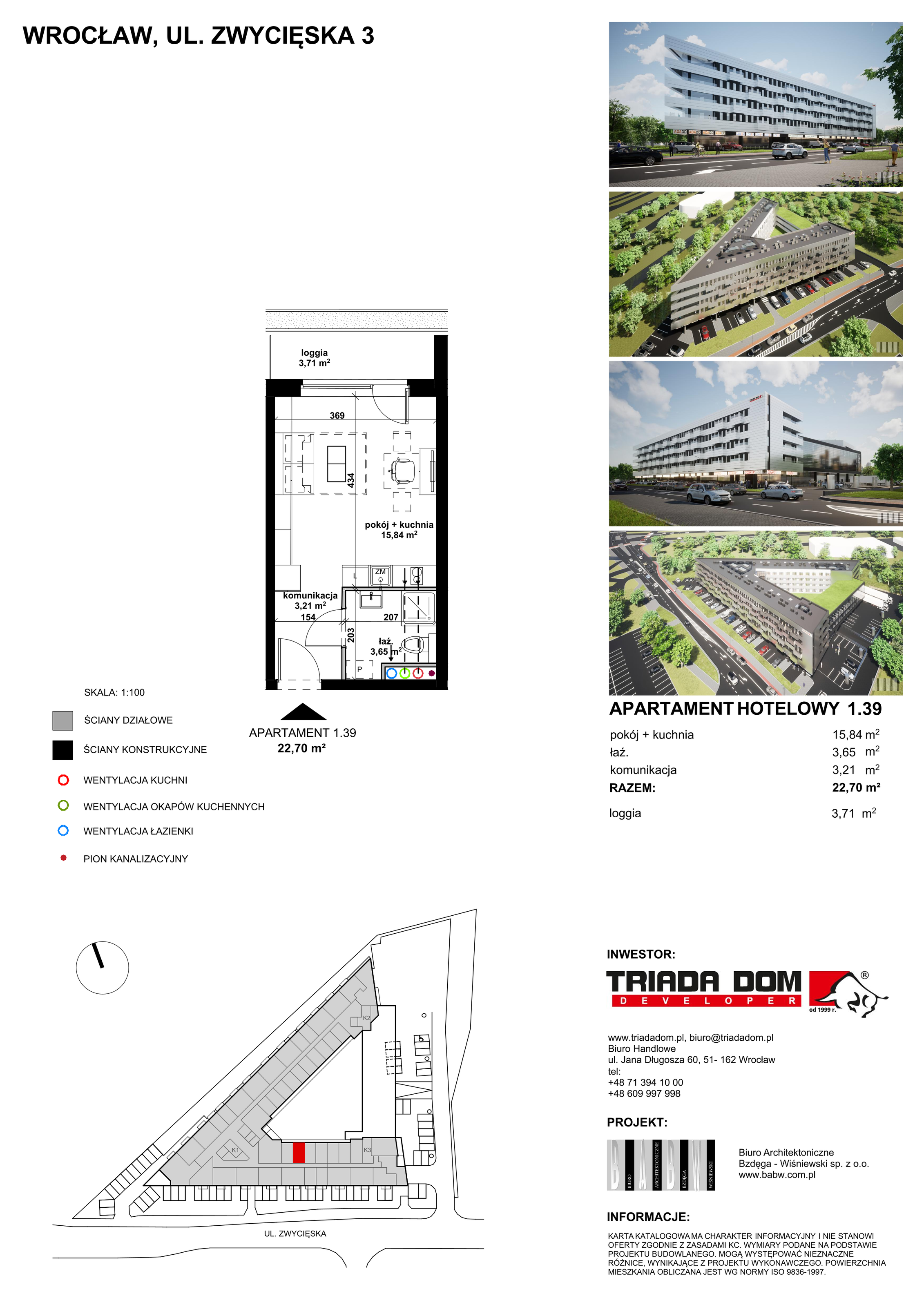 Apartament inwestycyjny 22,62 m², piętro 1, oferta nr 1/39, Apartamentowiec Zwycięska 3, Wrocław, Krzyki-Partynice, Krzyki, ul. Zwycięska 3-idx