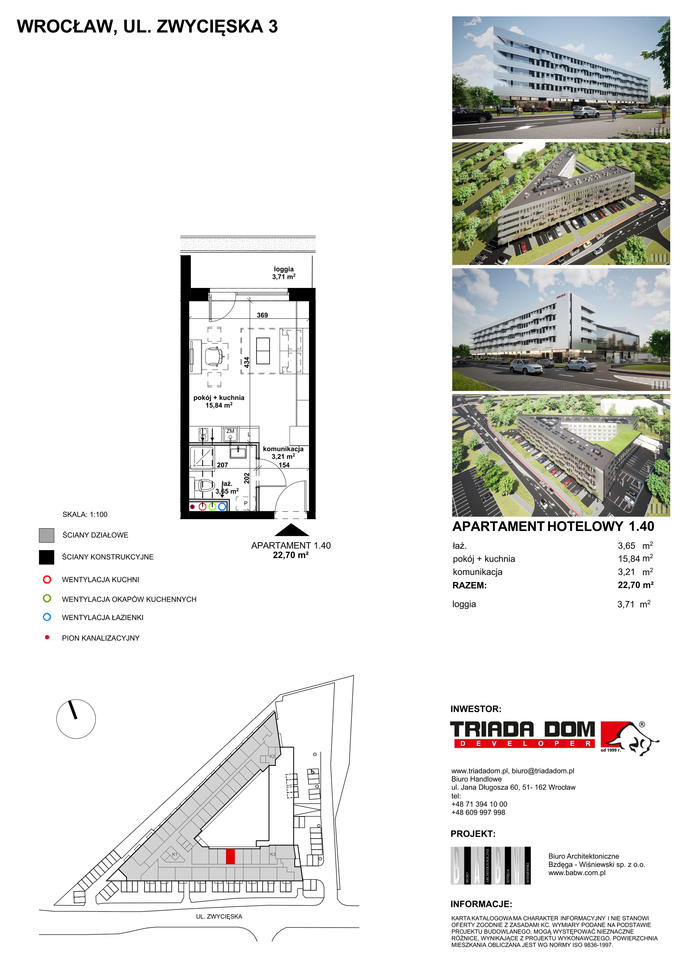 Apartament inwestycyjny 22,62 m², piętro 1, oferta nr 1/40, Apartamentowiec Zwycięska 3, Wrocław, Krzyki-Partynice, Krzyki, ul. Zwycięska 3-idx