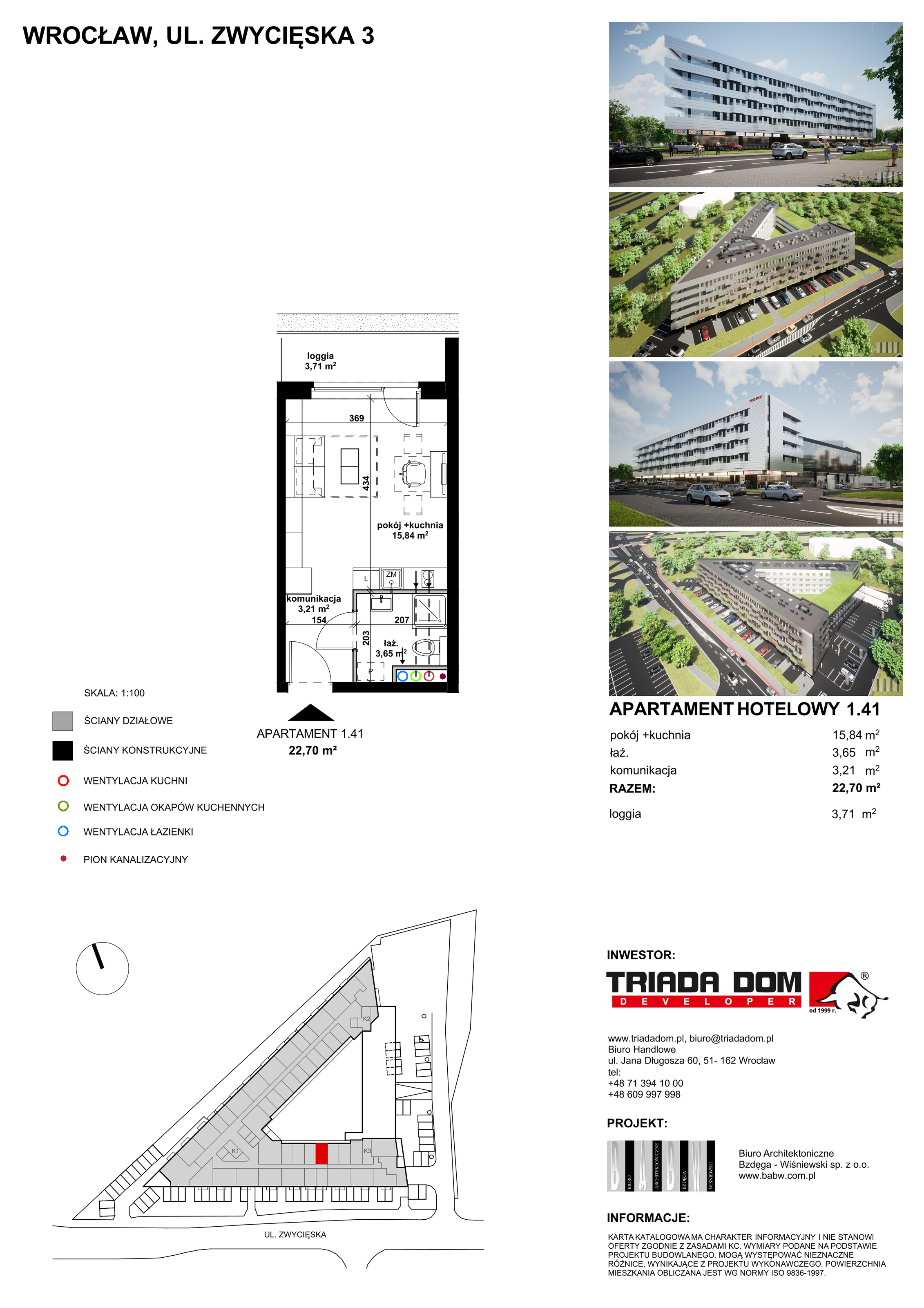 Apartament inwestycyjny 22,65 m², piętro 1, oferta nr 1/41, Apartamentowiec Zwycięska 3, Wrocław, Krzyki-Partynice, Krzyki, ul. Zwycięska 3-idx