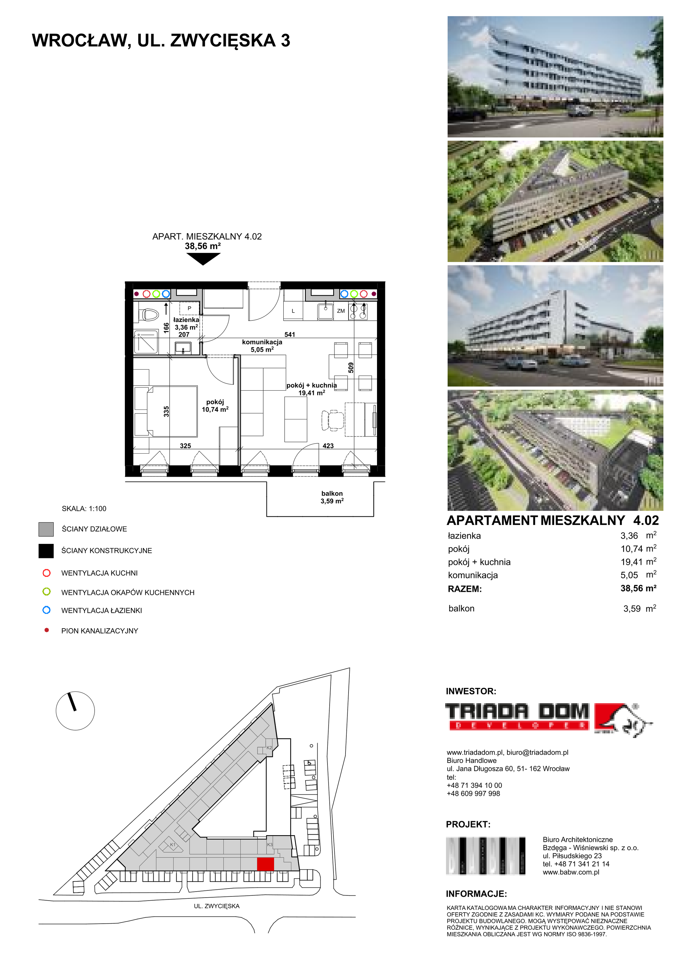 Mieszkanie 38,51 m², piętro 4, oferta nr 4/02, Apartamentowiec Zwycięska 3 - Wykończone "Pod klucz", Wrocław, Krzyki-Partynice, Krzyki, ul. Zwycięska 3-idx