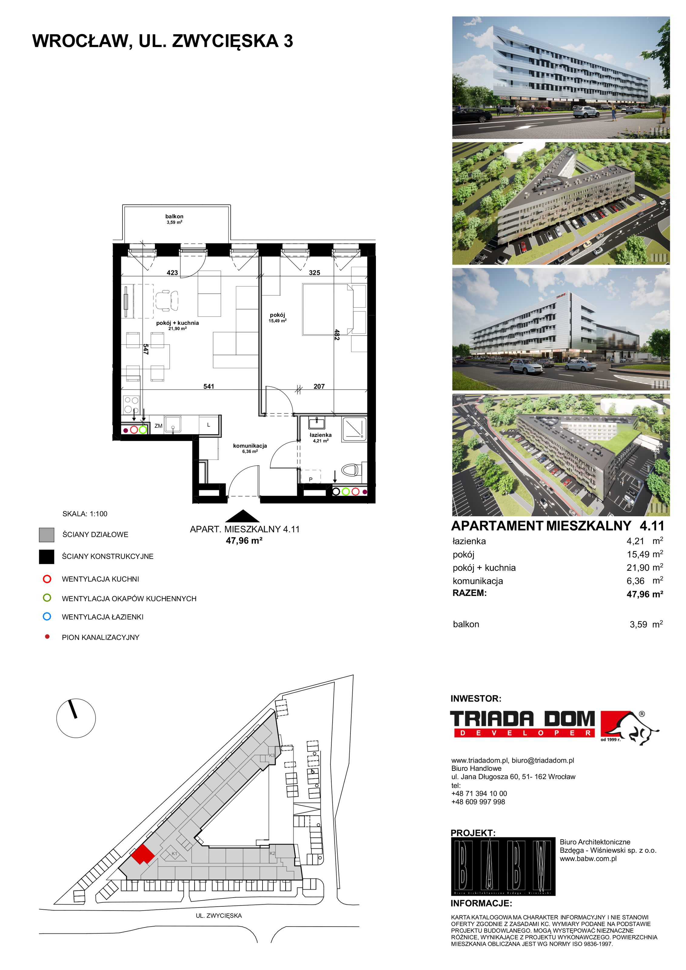 Mieszkanie 48,14 m², piętro 4, oferta nr 4/11, Apartamentowiec Zwycięska 3 - Wykończone "Pod klucz", Wrocław, Krzyki-Partynice, Krzyki, ul. Zwycięska 3-idx