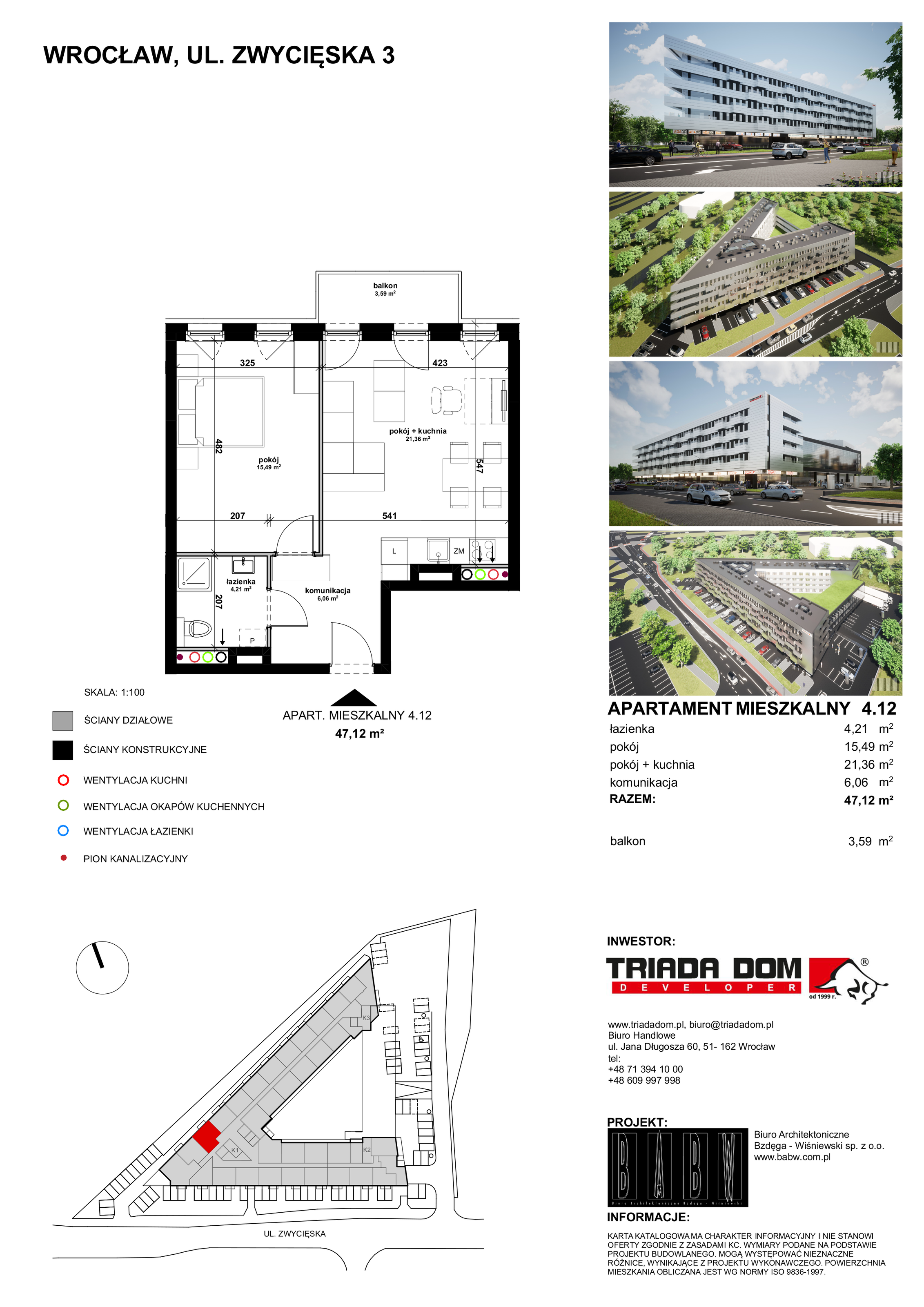 Mieszkanie 47,13 m², piętro 4, oferta nr 4/12, Apartamentowiec Zwycięska 3 - Wykończone "Pod klucz", Wrocław, Krzyki-Partynice, Krzyki, ul. Zwycięska 3-idx