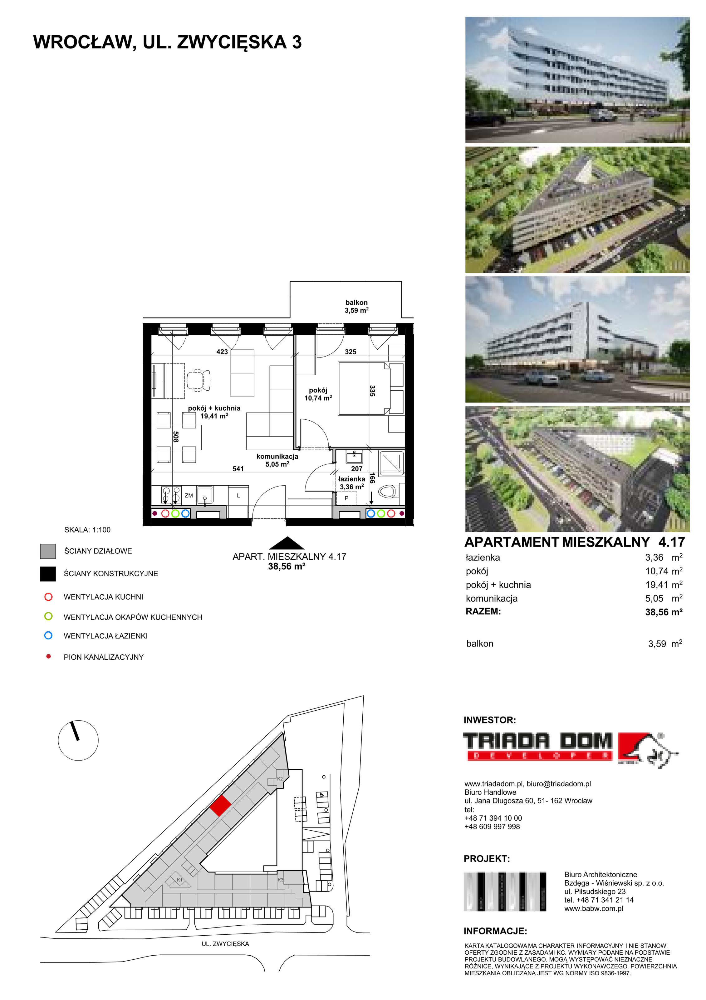 Mieszkanie 38,50 m², piętro 4, oferta nr 4/17, Apartamentowiec Zwycięska 3 - Wykończone "Pod klucz", Wrocław, Krzyki-Partynice, Krzyki, ul. Zwycięska 3-idx