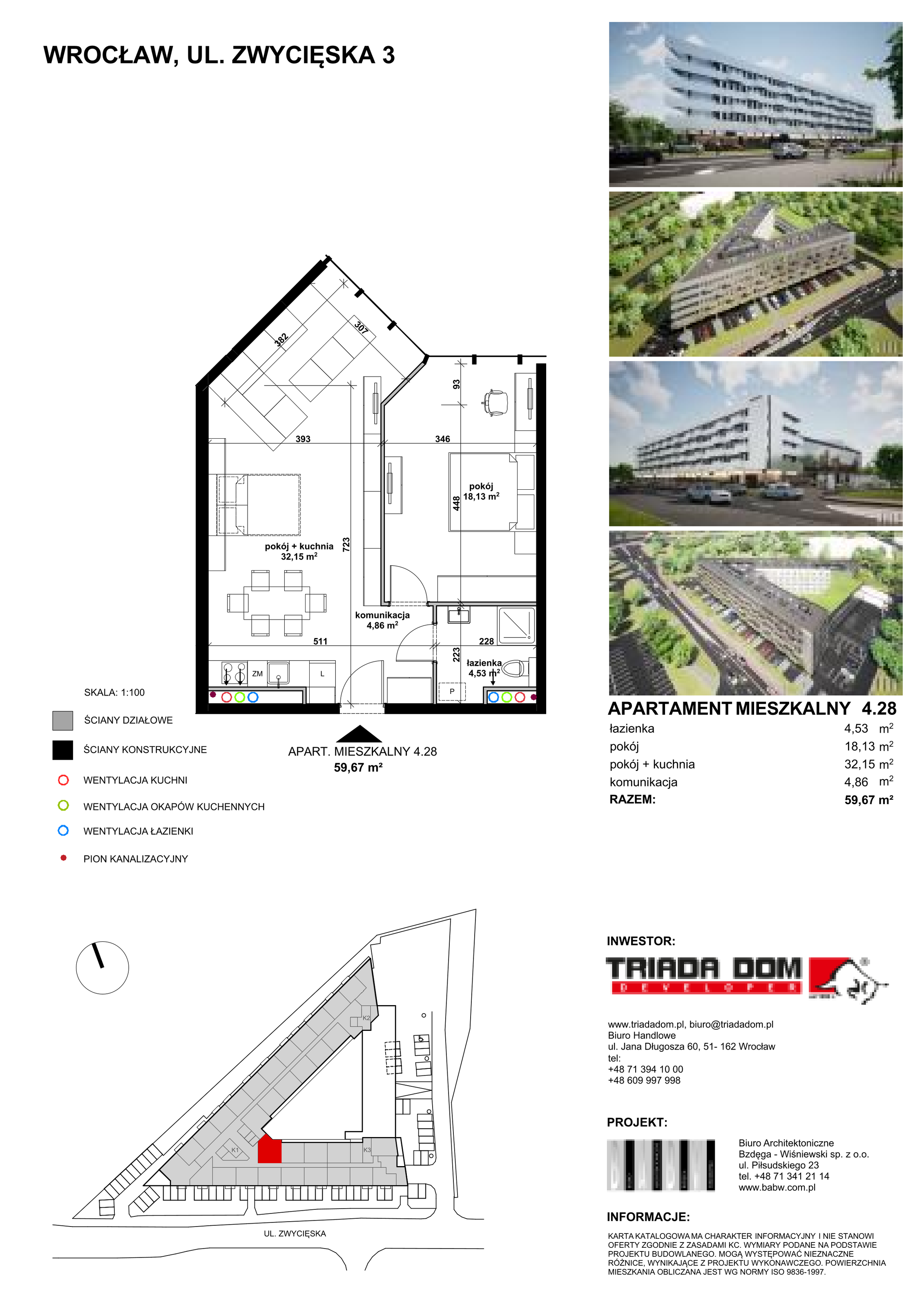 Mieszkanie 59,11 m², piętro 4, oferta nr 4/28, Apartamentowiec Zwycięska 3 - Wykończone "Pod klucz", Wrocław, Krzyki-Partynice, Krzyki, ul. Zwycięska 3-idx