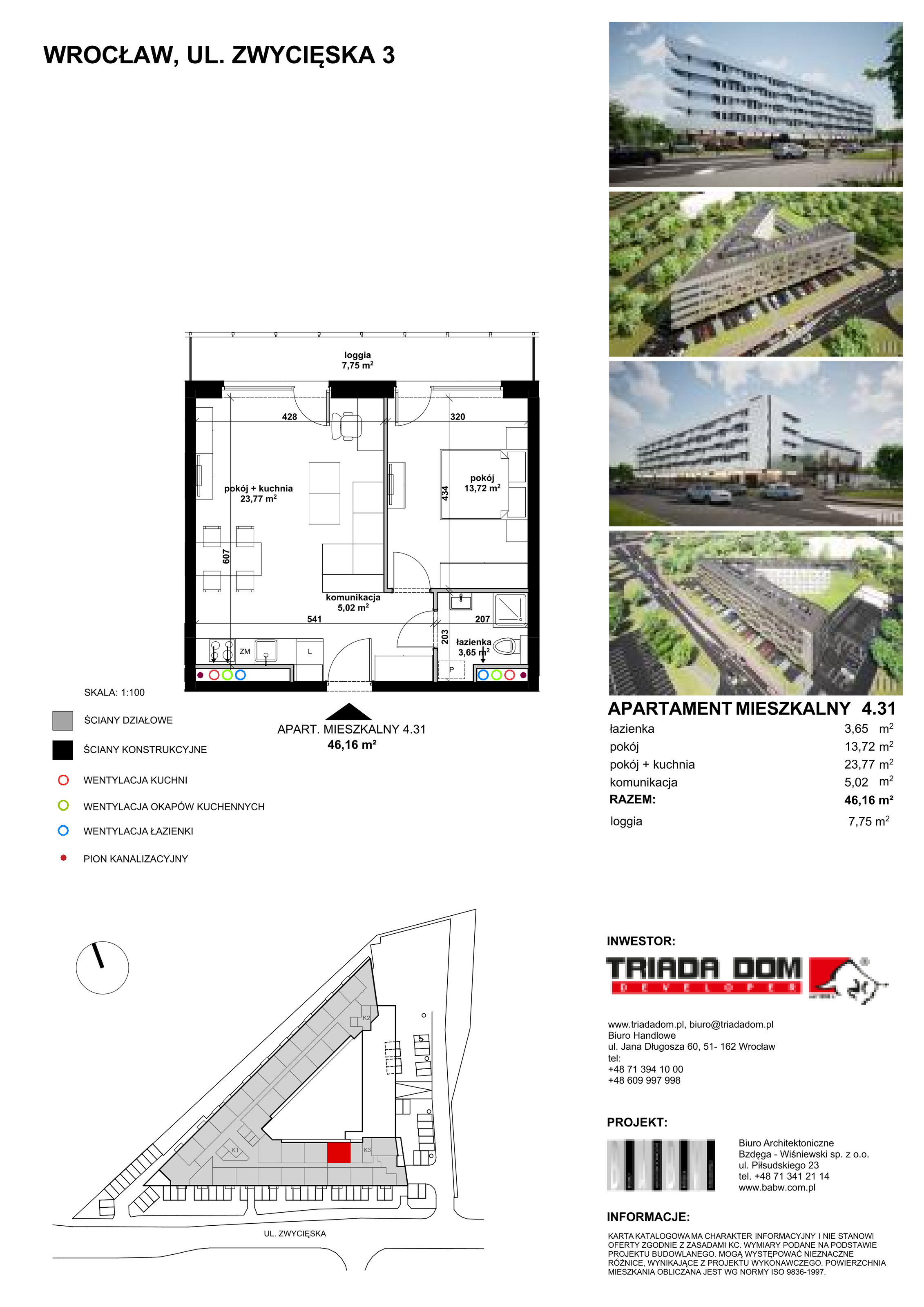 Mieszkanie 46,06 m², piętro 4, oferta nr 4/31, Apartamentowiec Zwycięska 3 - Wykończone "Pod klucz", Wrocław, Krzyki-Partynice, Krzyki, ul. Zwycięska 3-idx