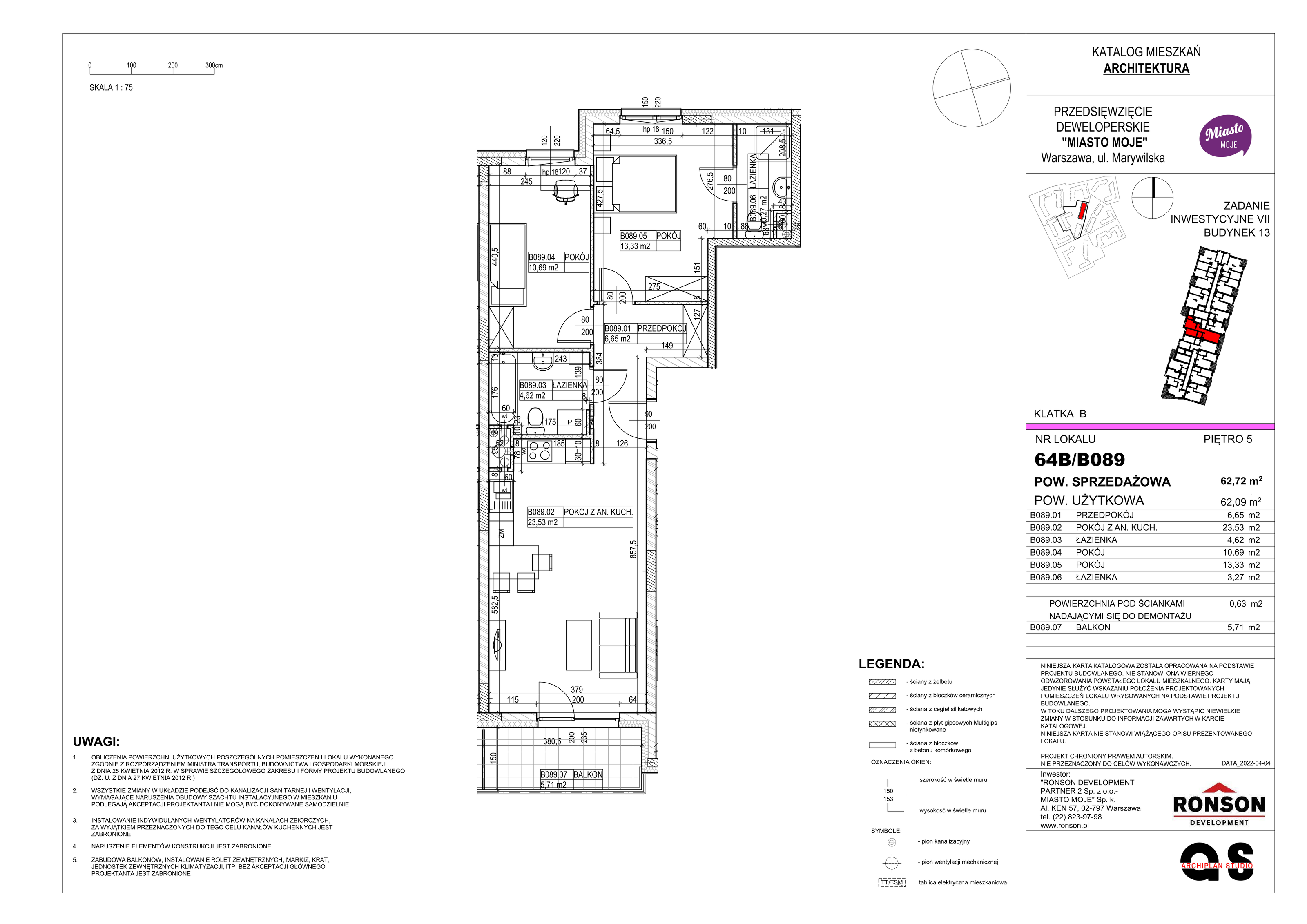 Mieszkanie 62,72 m², piętro 5, oferta nr B13/B089, Miasto Moje, Warszawa, Białołęka, Żerań, ul. Marywilska 62-idx