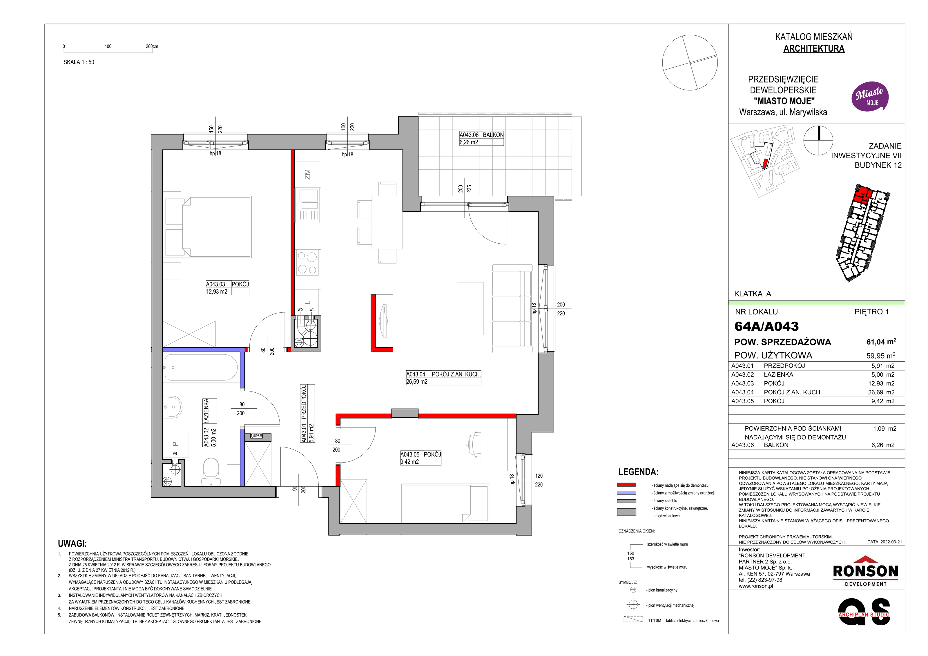 Mieszkanie 61,04 m², piętro 1, oferta nr B12/A043, Miasto Moje, Warszawa, Białołęka, Żerań, ul. Marywilska 62-idx