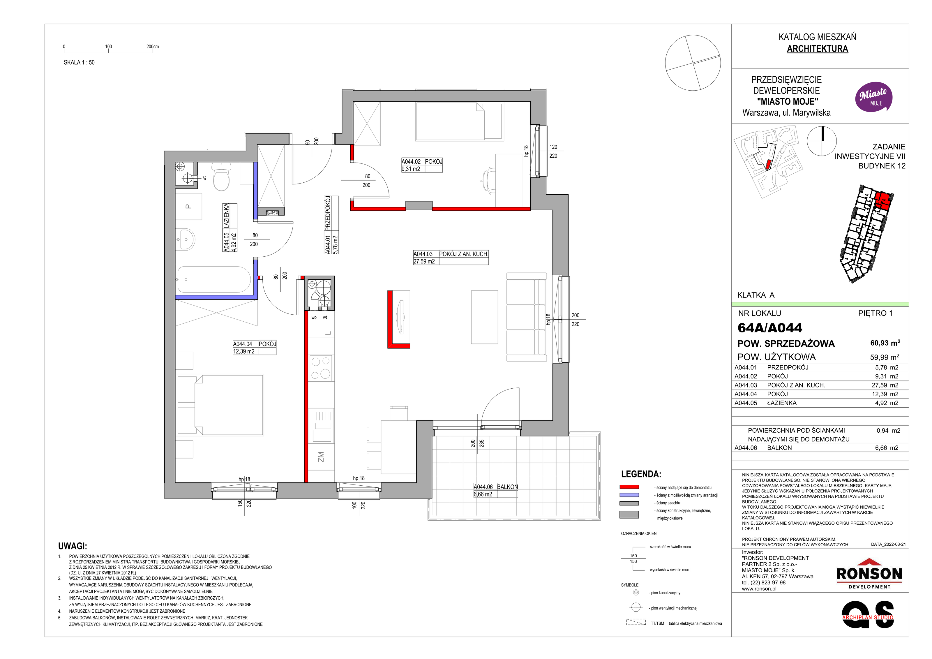 Mieszkanie 60,93 m², piętro 1, oferta nr B12/A044, Miasto Moje, Warszawa, Białołęka, Żerań, ul. Marywilska 62-idx