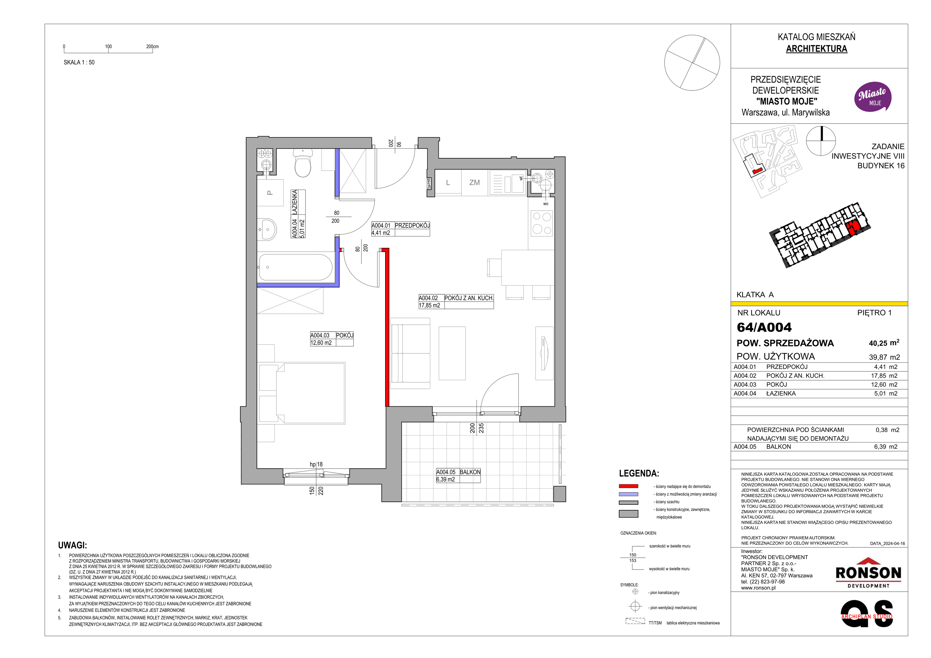 Mieszkanie 40,25 m², piętro 1, oferta nr B16/A004, Miasto Moje, Warszawa, Białołęka, Żerań, ul. Marywilska 62-idx