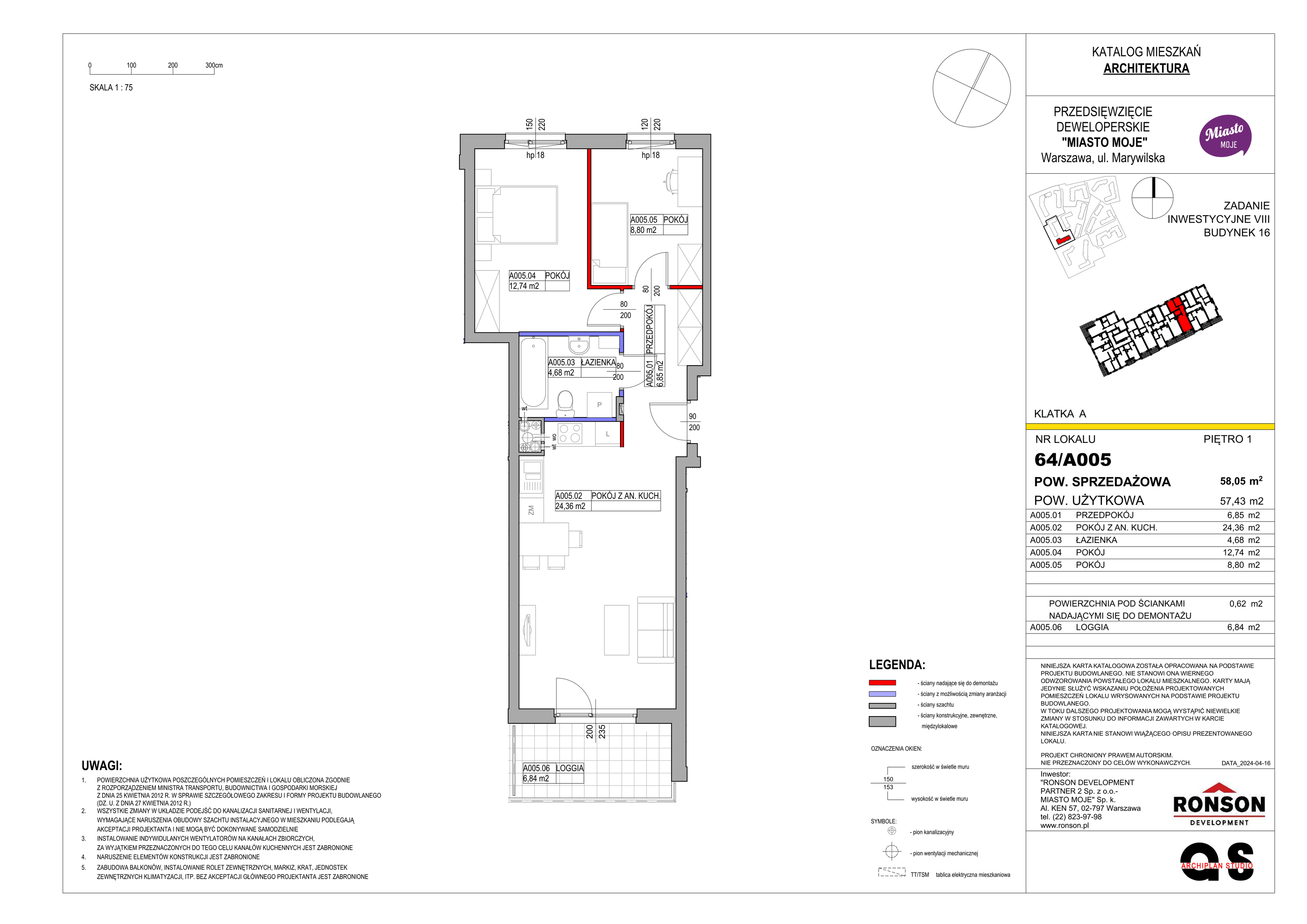 Mieszkanie 58,05 m², piętro 1, oferta nr B16/A005, Miasto Moje, Warszawa, Białołęka, Żerań, ul. Marywilska 62-idx