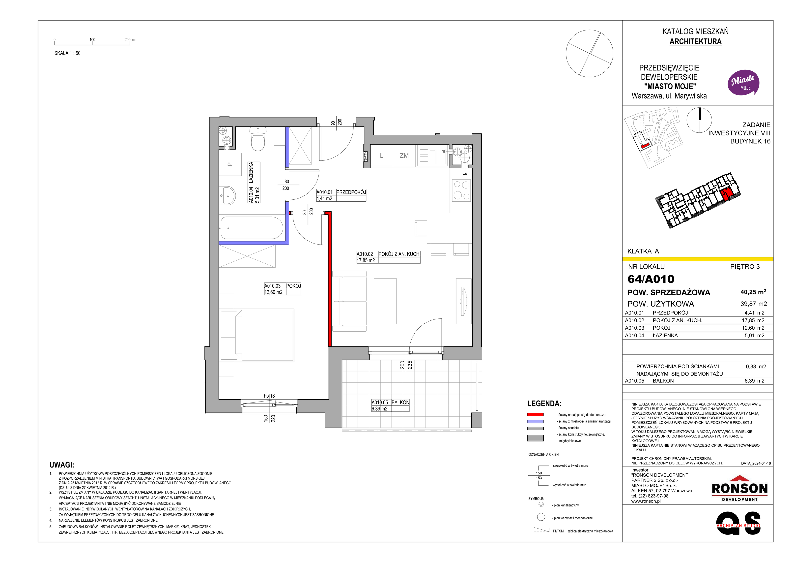 Mieszkanie 40,25 m², piętro 3, oferta nr B16/A010, Miasto Moje, Warszawa, Białołęka, Żerań, ul. Marywilska 62-idx