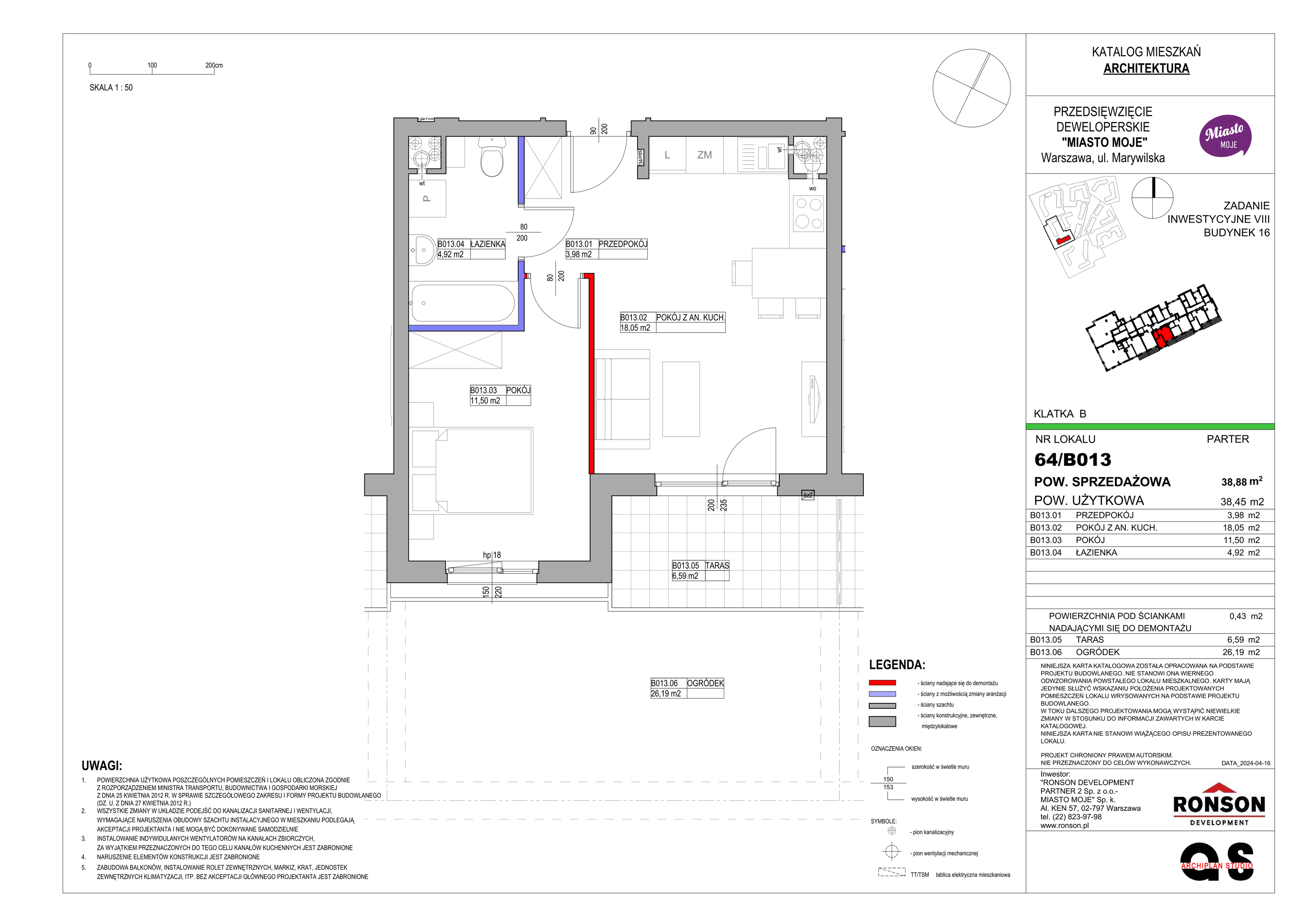 Mieszkanie 38,88 m², parter, oferta nr B16/B013, Miasto Moje, Warszawa, Białołęka, Żerań, ul. Marywilska 62-idx