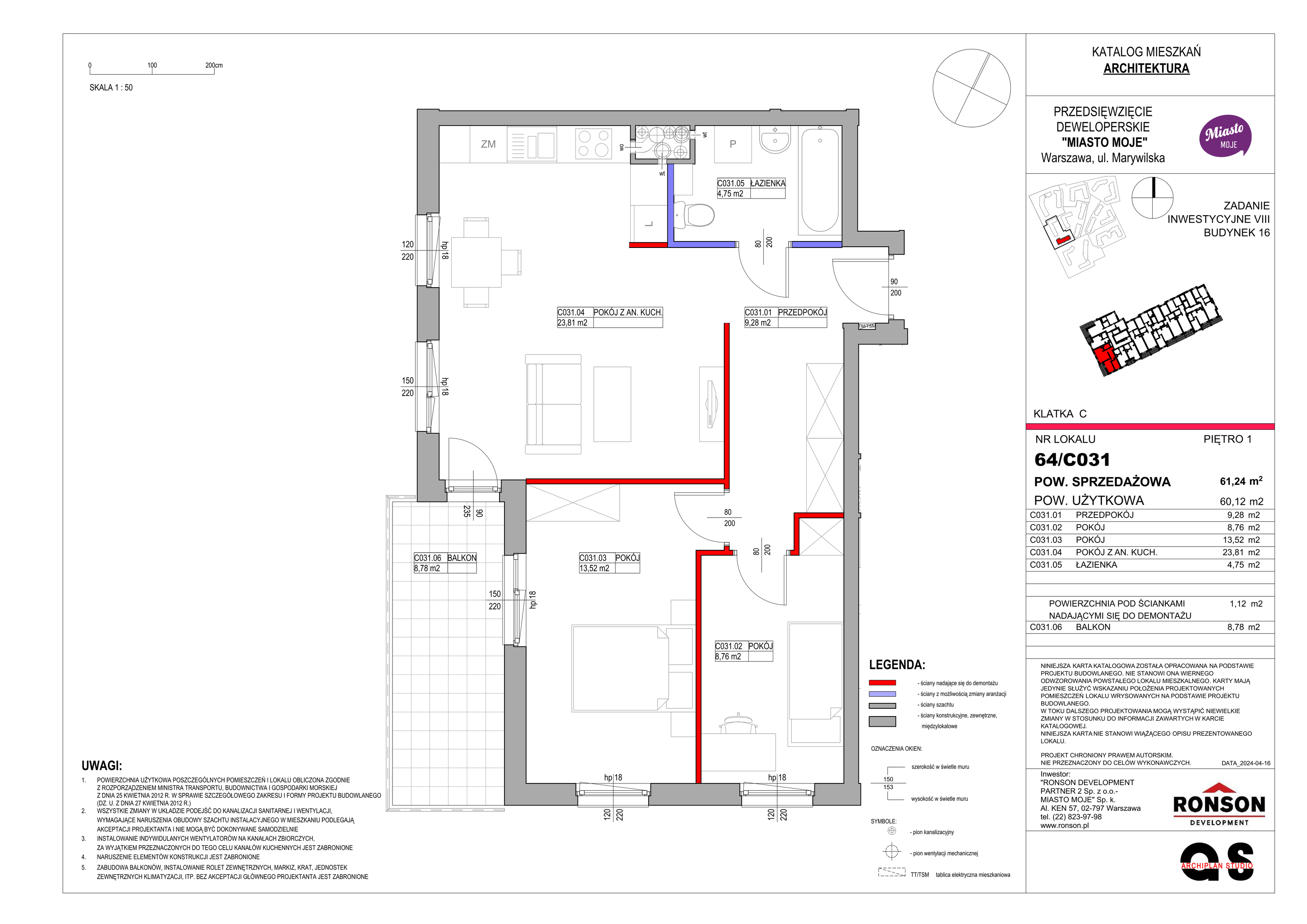 Mieszkanie 61,24 m², piętro 1, oferta nr B16/C031, Miasto Moje, Warszawa, Białołęka, Żerań, ul. Marywilska 62-idx