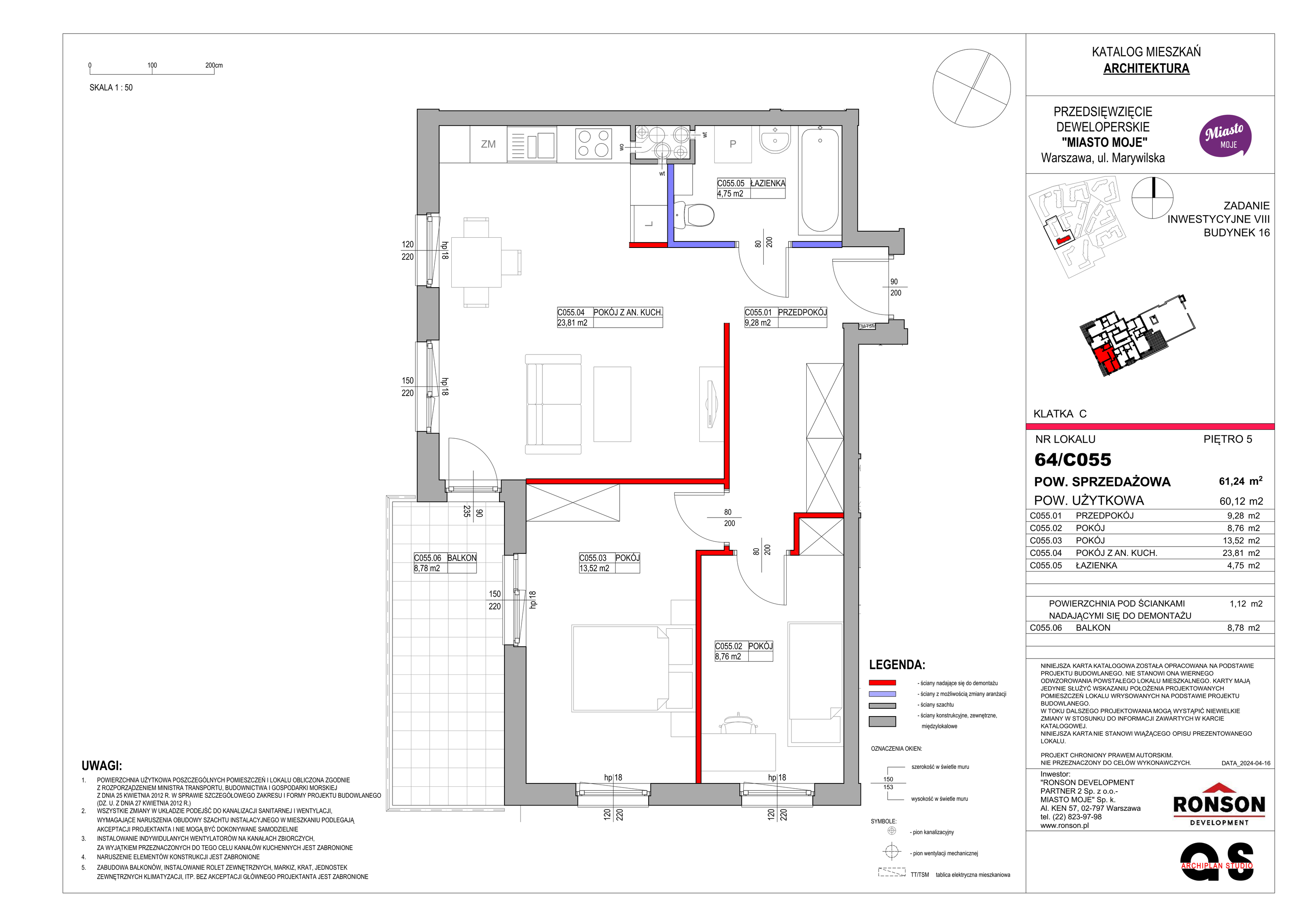 Mieszkanie 61,24 m², piętro 5, oferta nr B16/C055, Miasto Moje, Warszawa, Białołęka, Żerań, ul. Marywilska 62-idx