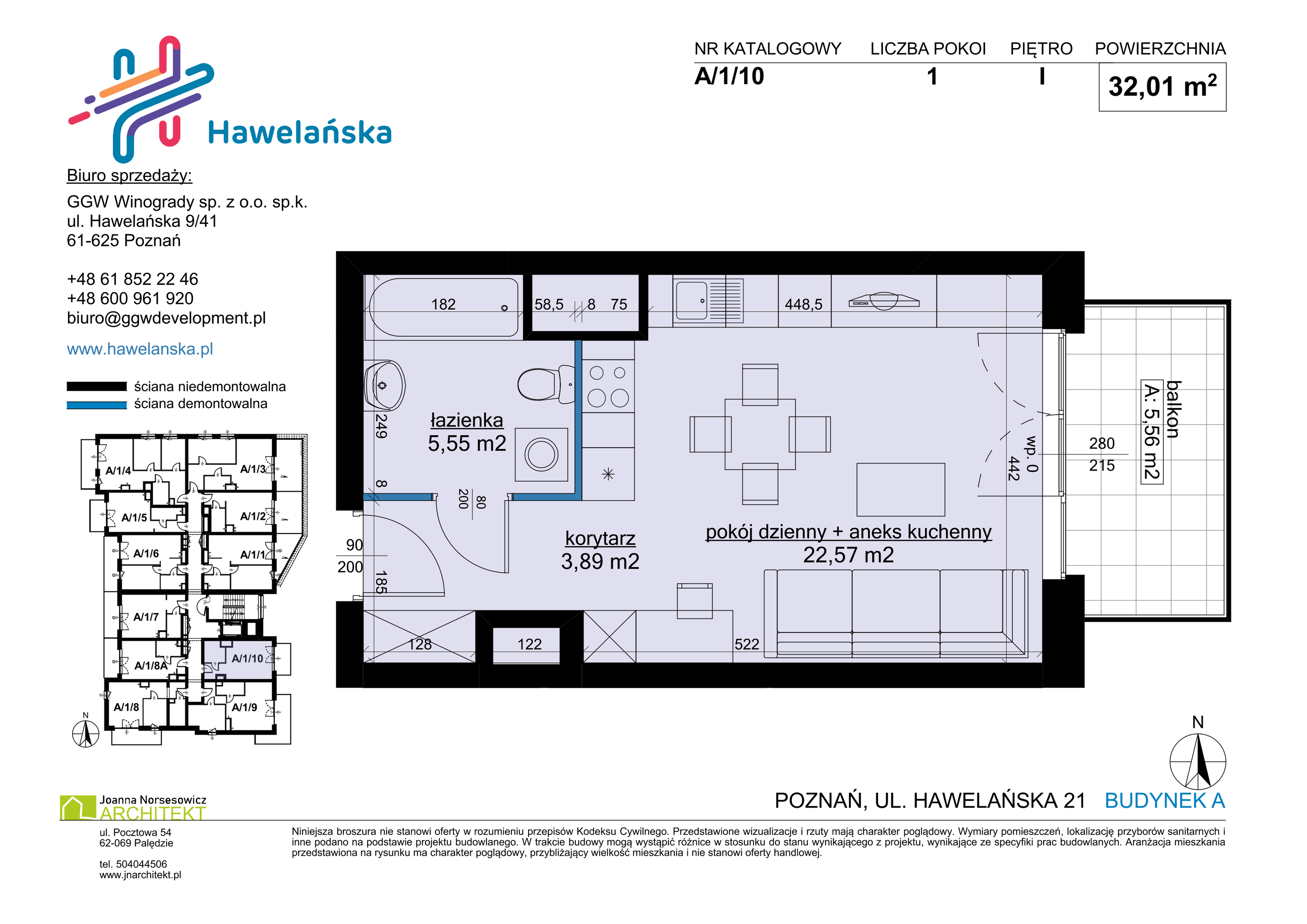 Mieszkanie 32,01 m², piętro 1, oferta nr A/1/10, Osiedle Hawelańska III etap, Poznań, Winogrady, ul. Hawelańska 25-idx