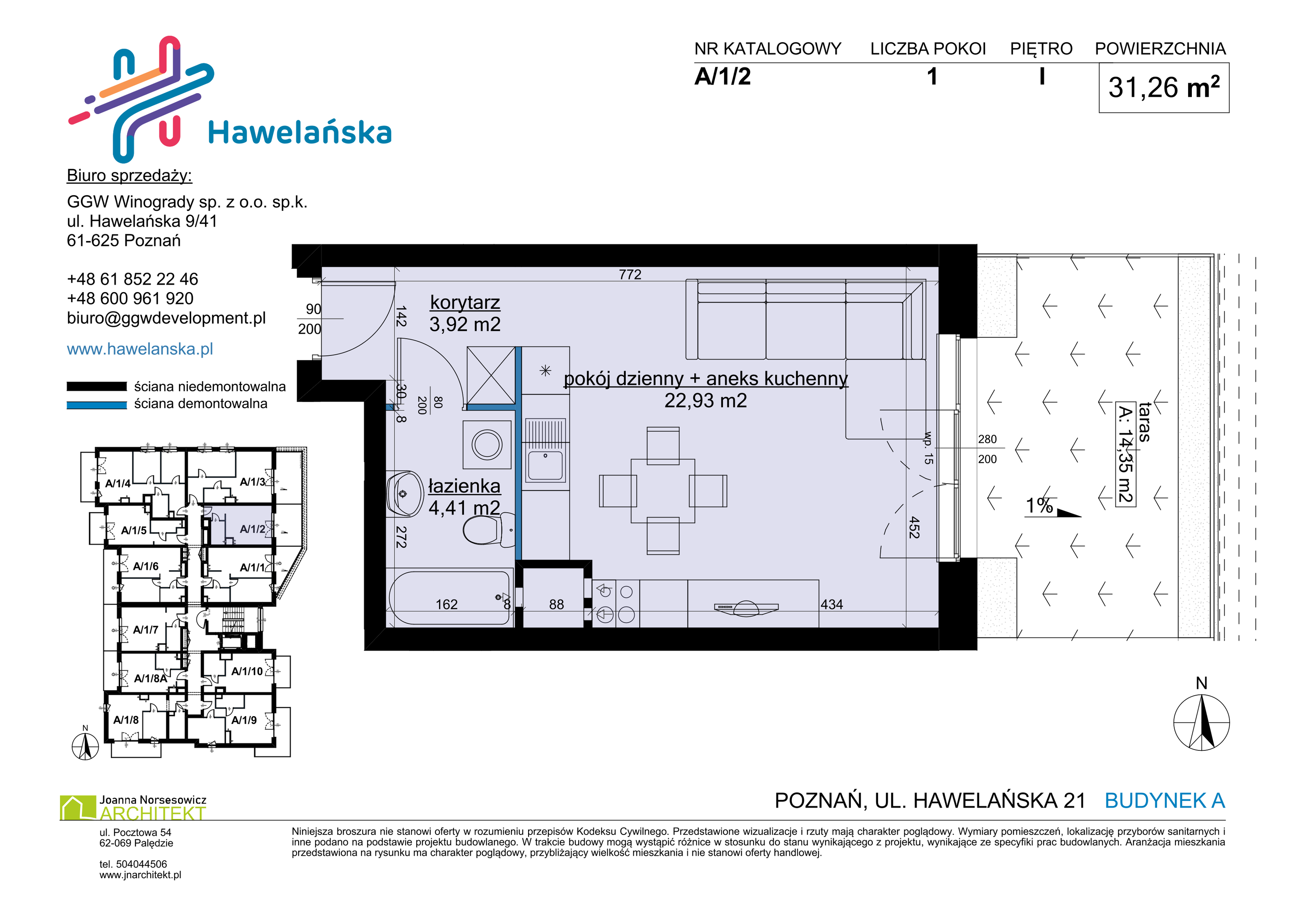 Mieszkanie 31,26 m², piętro 1, oferta nr A/1/2, Osiedle Hawelańska III etap, Poznań, Winogrady, ul. Hawelańska 25-idx