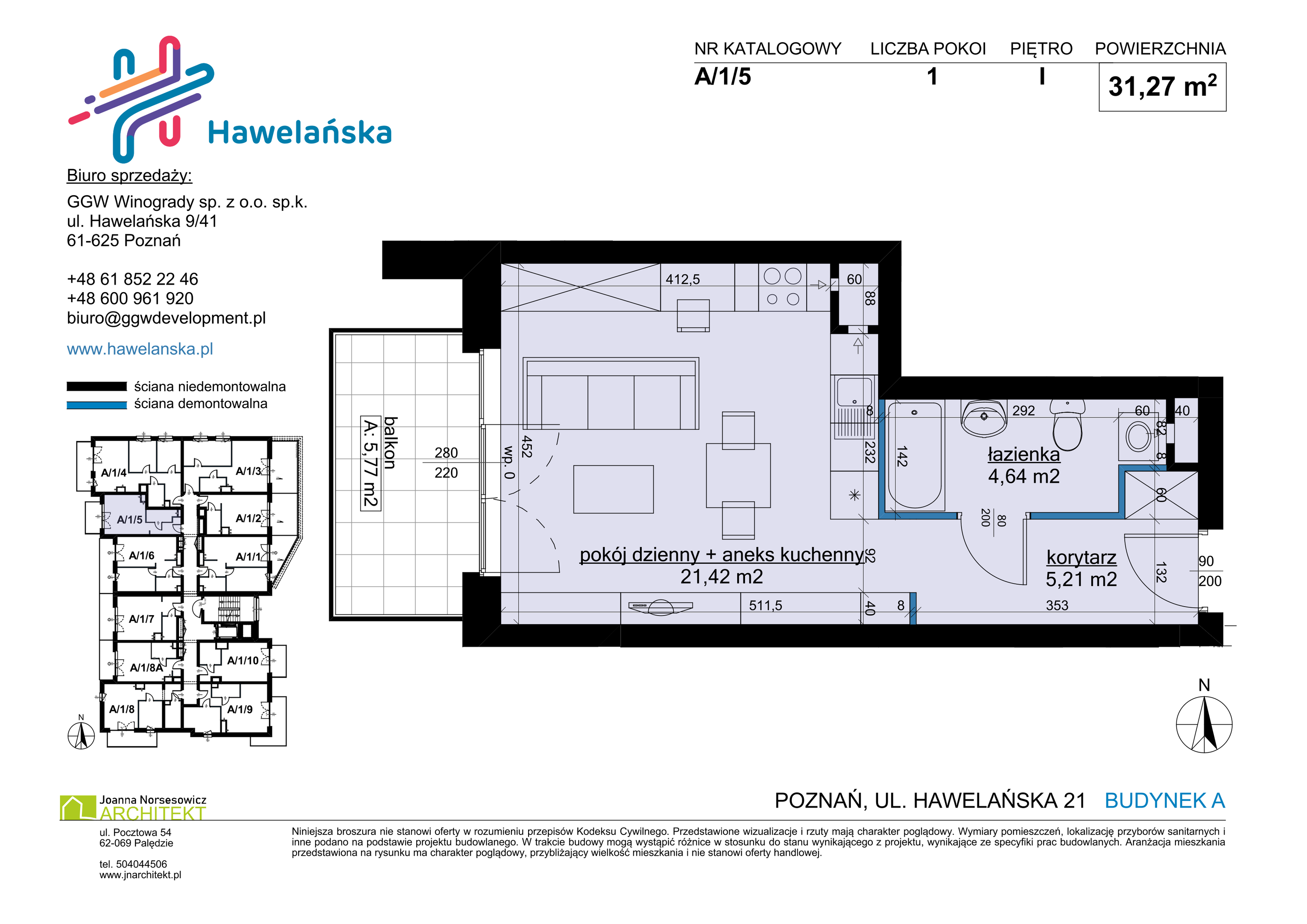 Mieszkanie 31,27 m², piętro 1, oferta nr A/1/5, Osiedle Hawelańska III etap, Poznań, Winogrady, ul. Hawelańska 25-idx