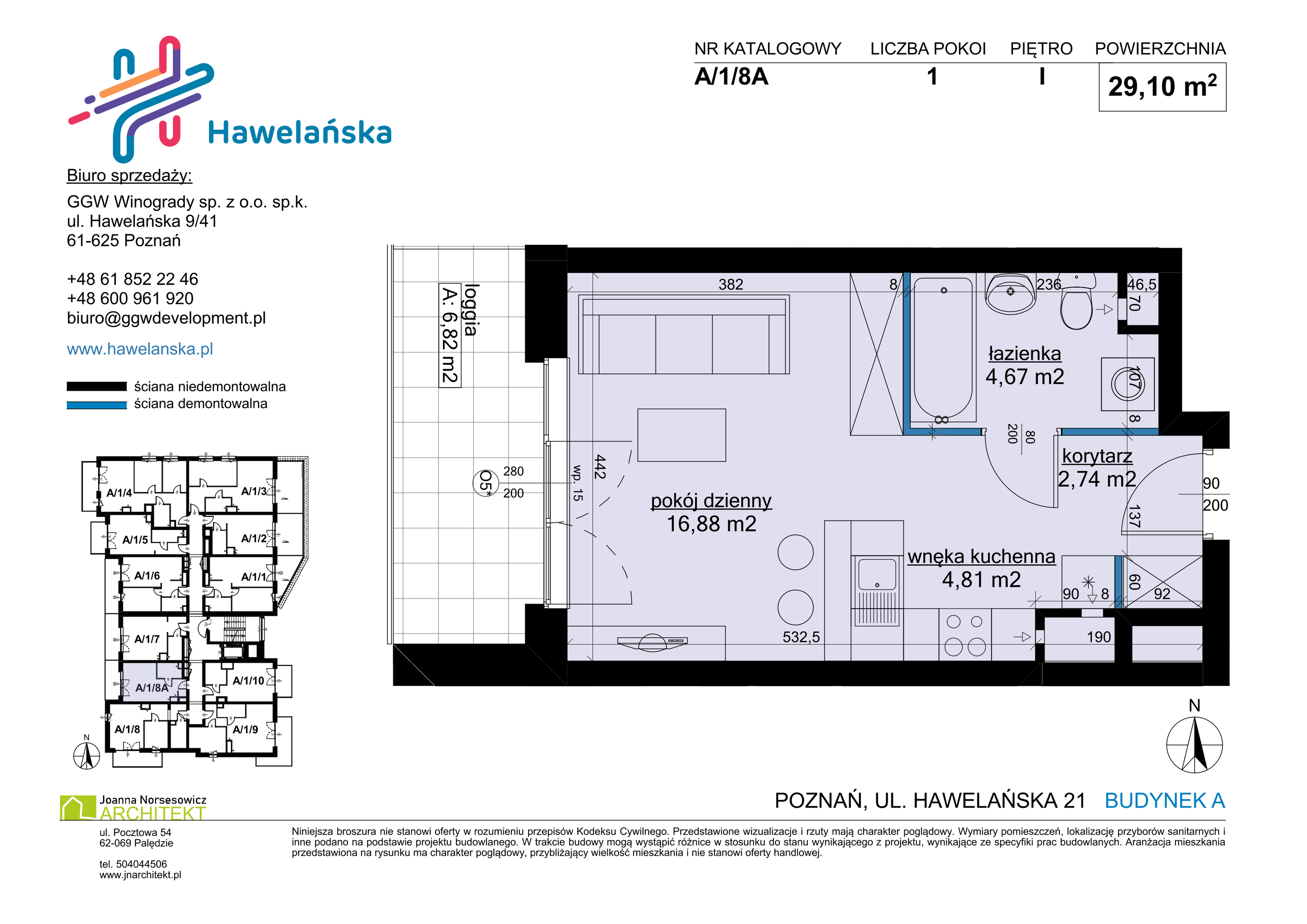 Mieszkanie 29,10 m², piętro 1, oferta nr A/1/8A, Osiedle Hawelańska III etap, Poznań, Winogrady, ul. Hawelańska 25-idx