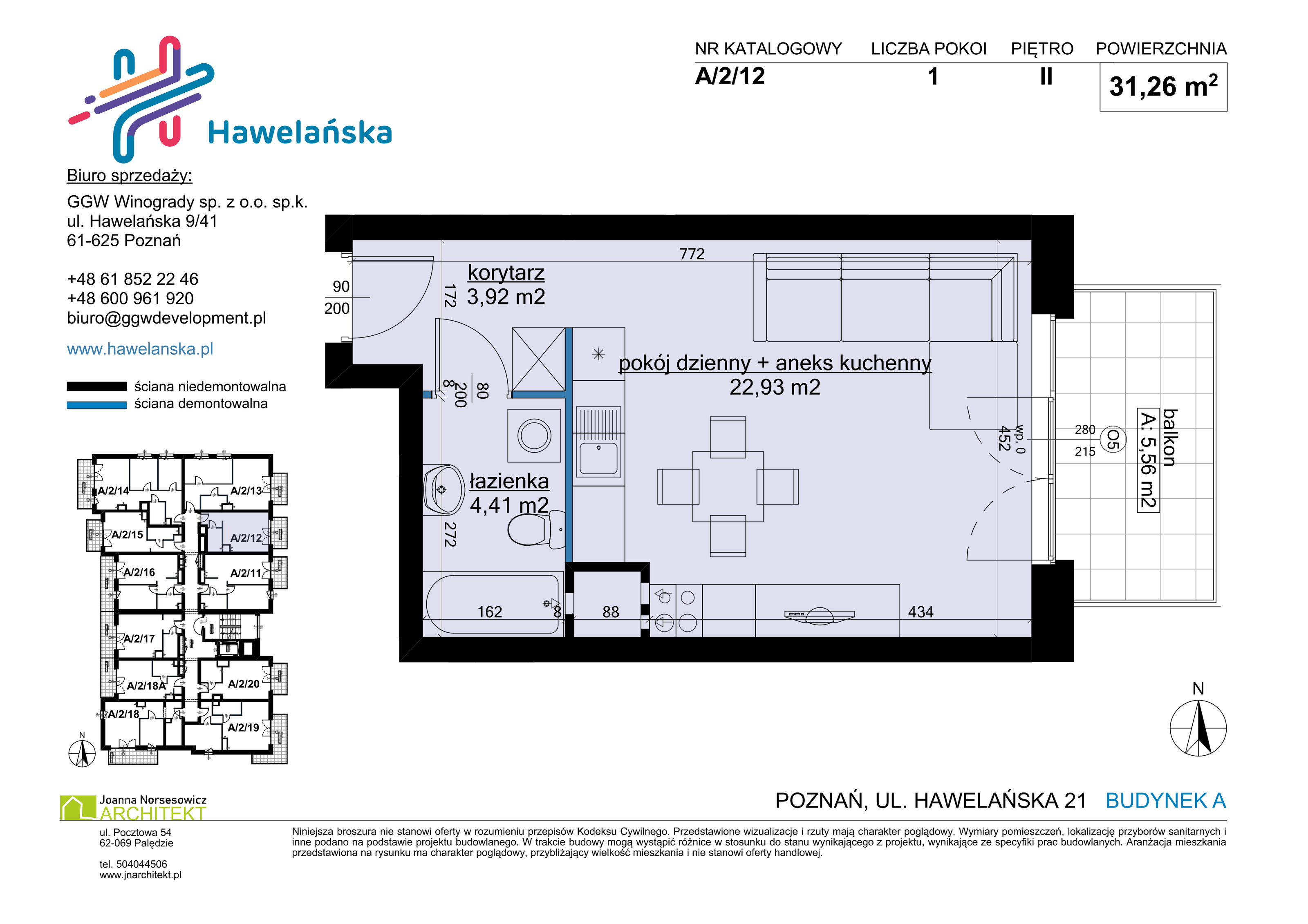 Mieszkanie 31,26 m², piętro 2, oferta nr A/2/12, Osiedle Hawelańska III etap, Poznań, Winogrady, ul. Hawelańska 25-idx